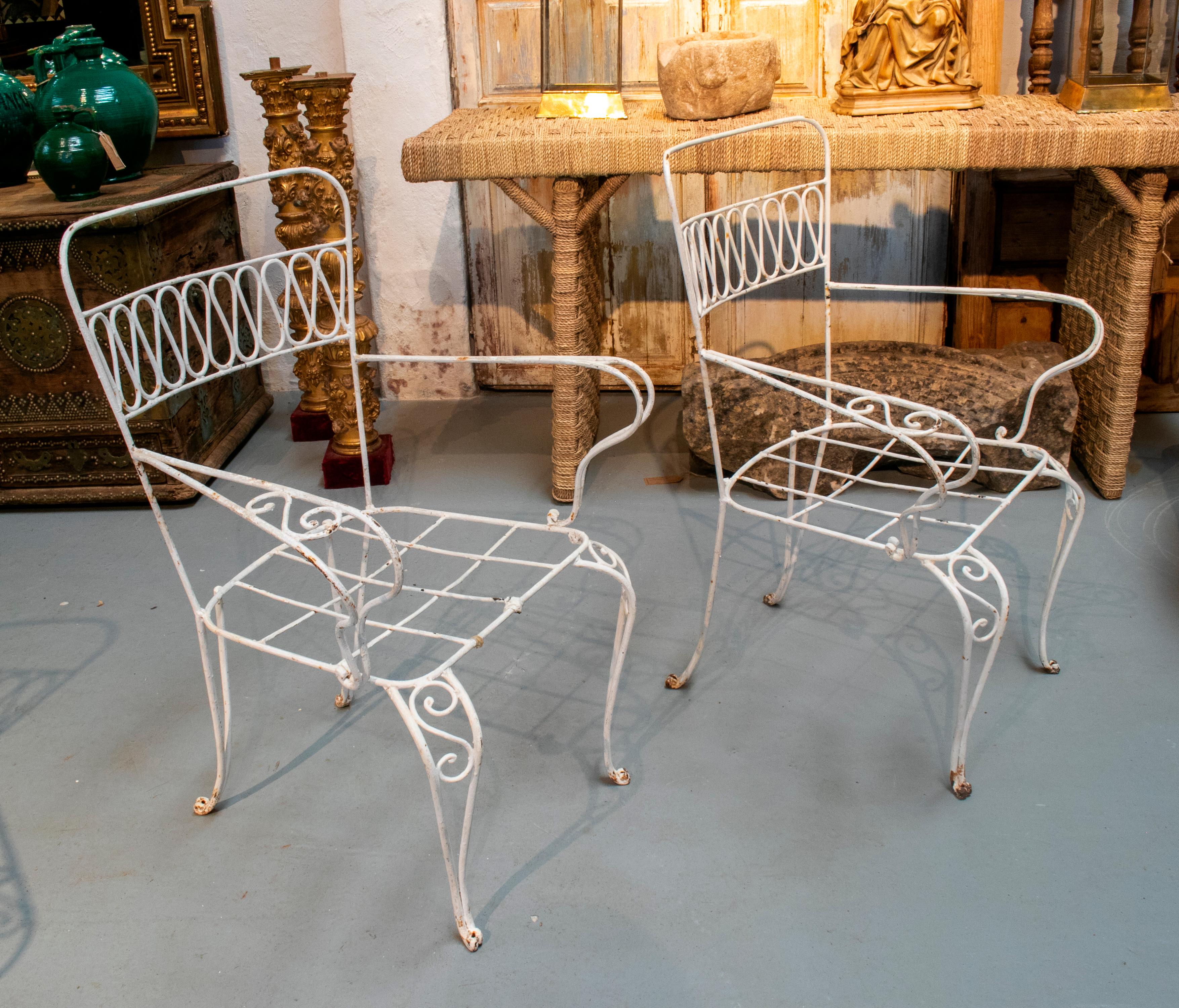 1970s Set of Four Spanish White Painted Iron Garden Chairs 1