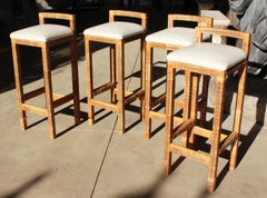 1970s Set of Four Spanish Woven Wicker Wooden Stools