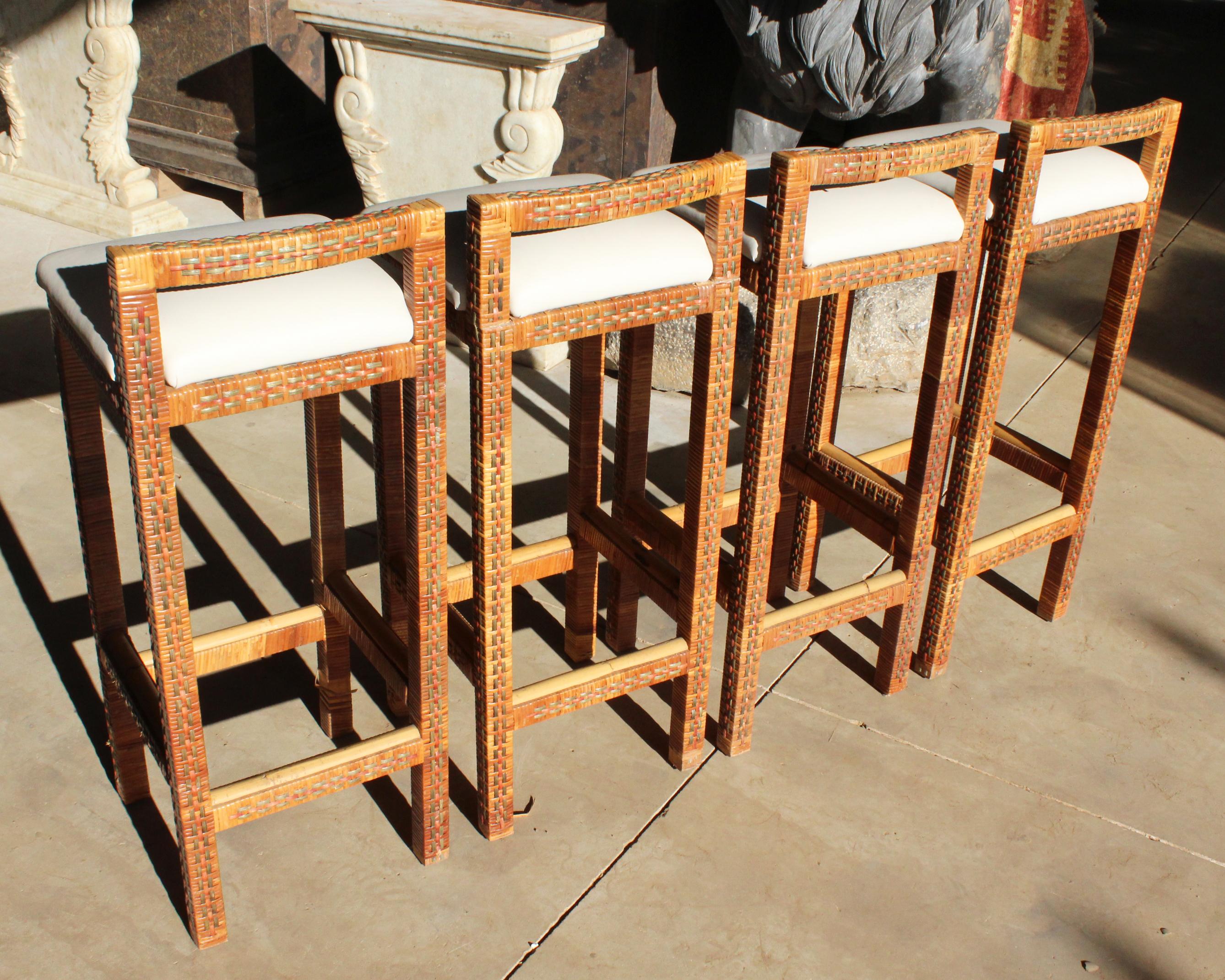 20th Century 1970s Set of Four Spanish Woven Wicker Wooden Stools