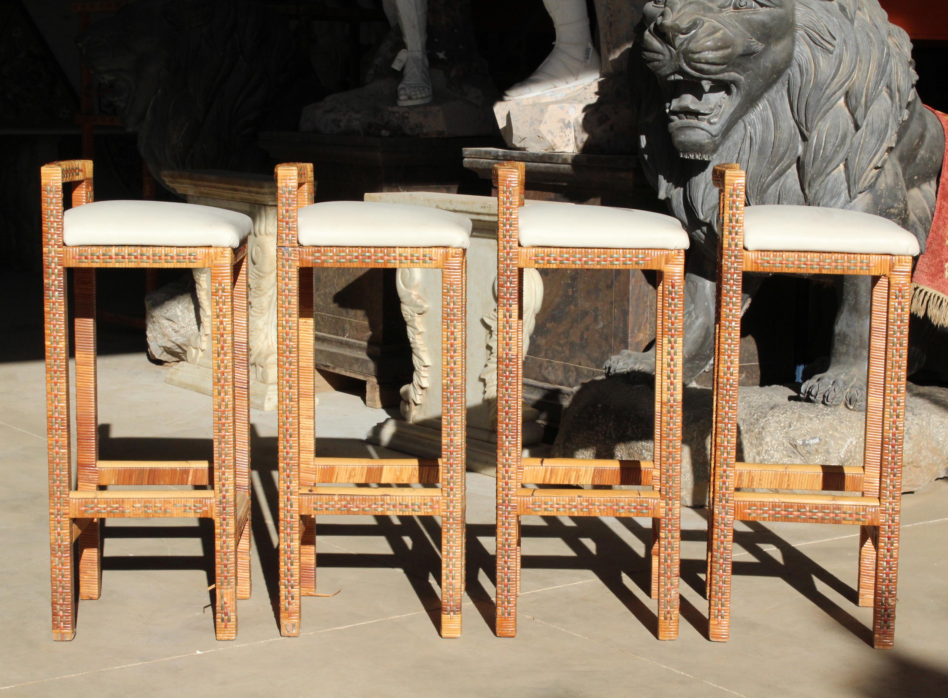 1970s Set of Four Spanish Woven Wicker Wooden Stools 1