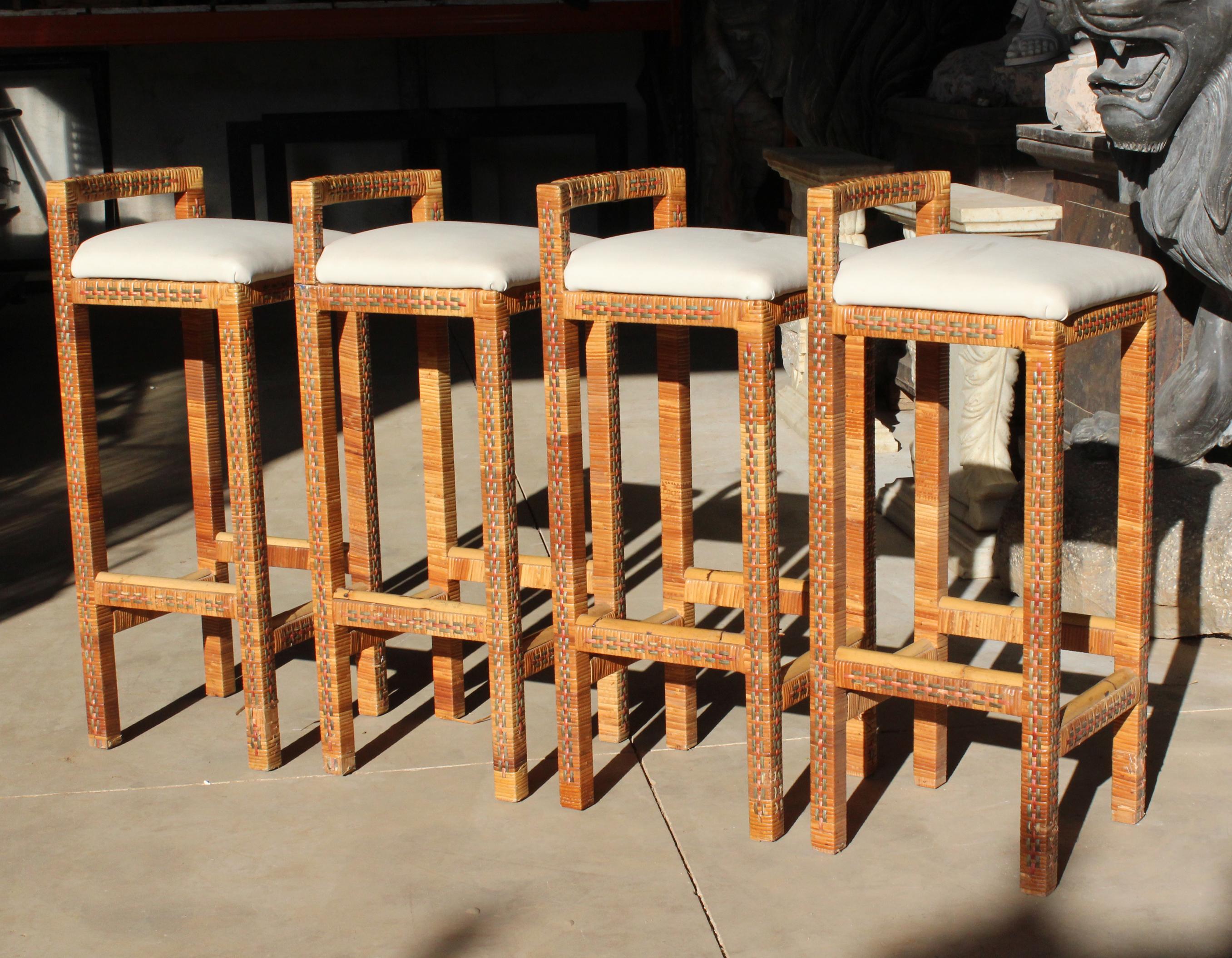 1970s Set of Four Spanish Woven Wicker Wooden Stools 2