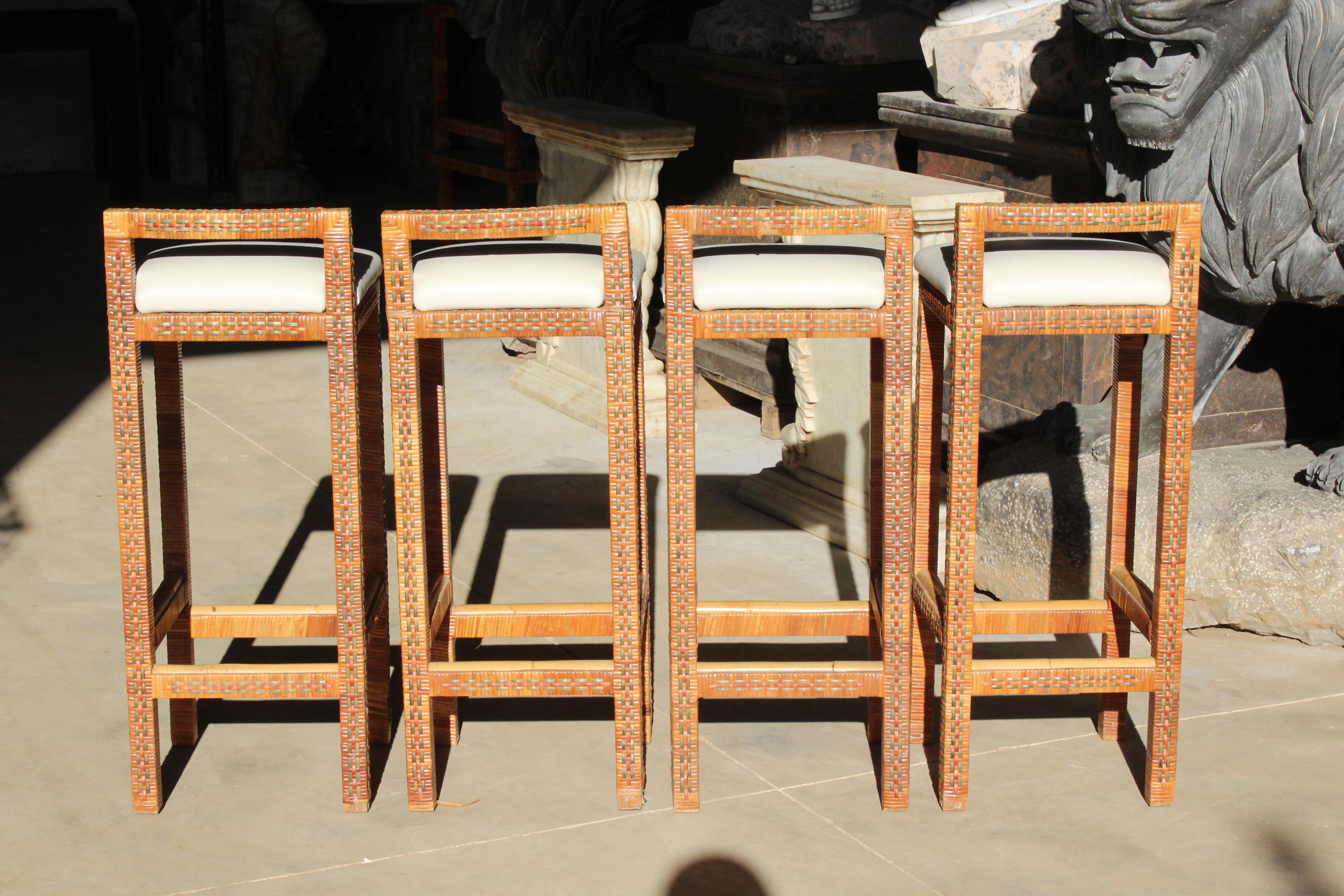 1970s Set of Four Spanish Woven Wicker Wooden Stools 3