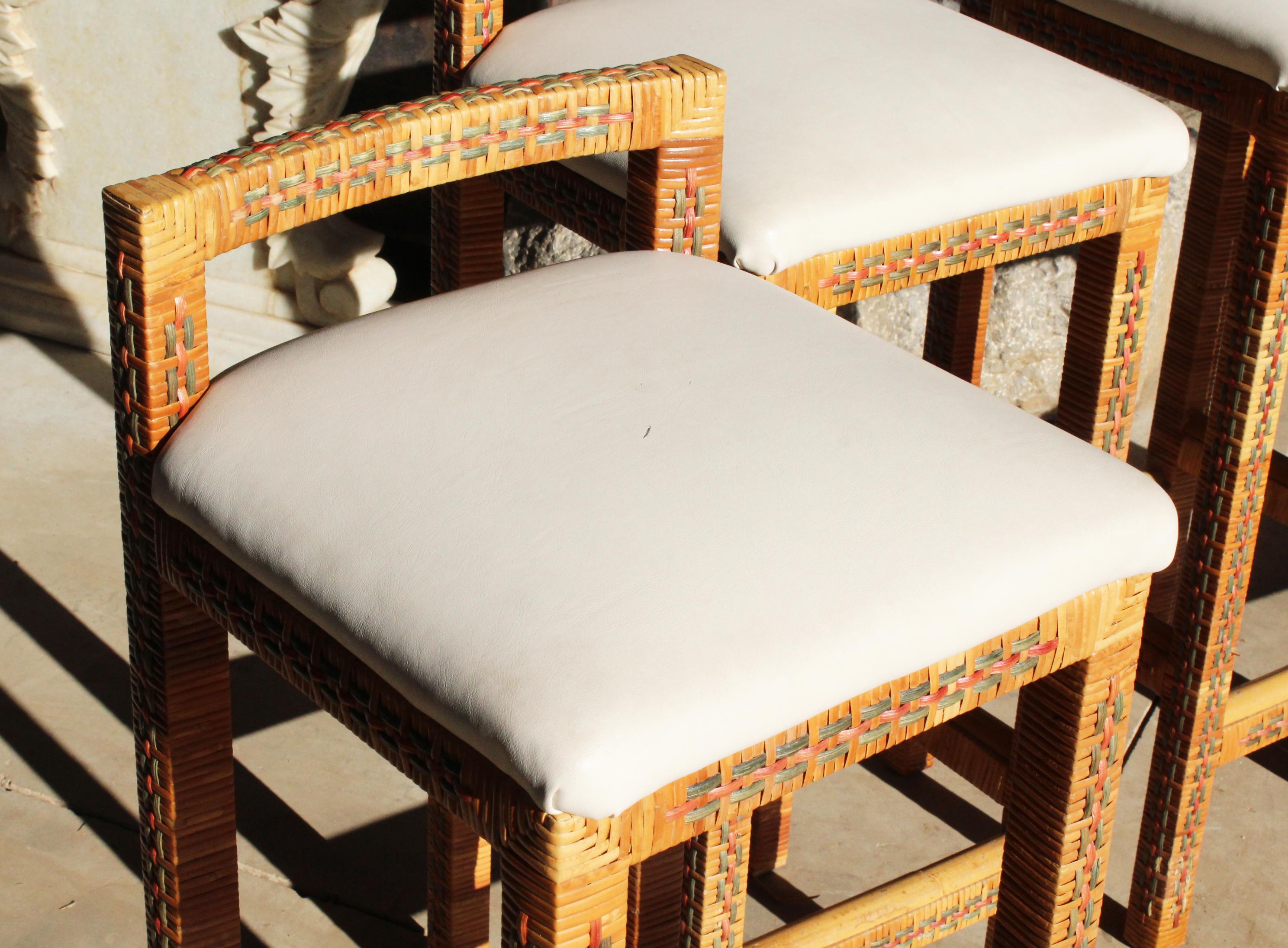 1970s Set of Four Spanish Woven Wicker Wooden Stools 4