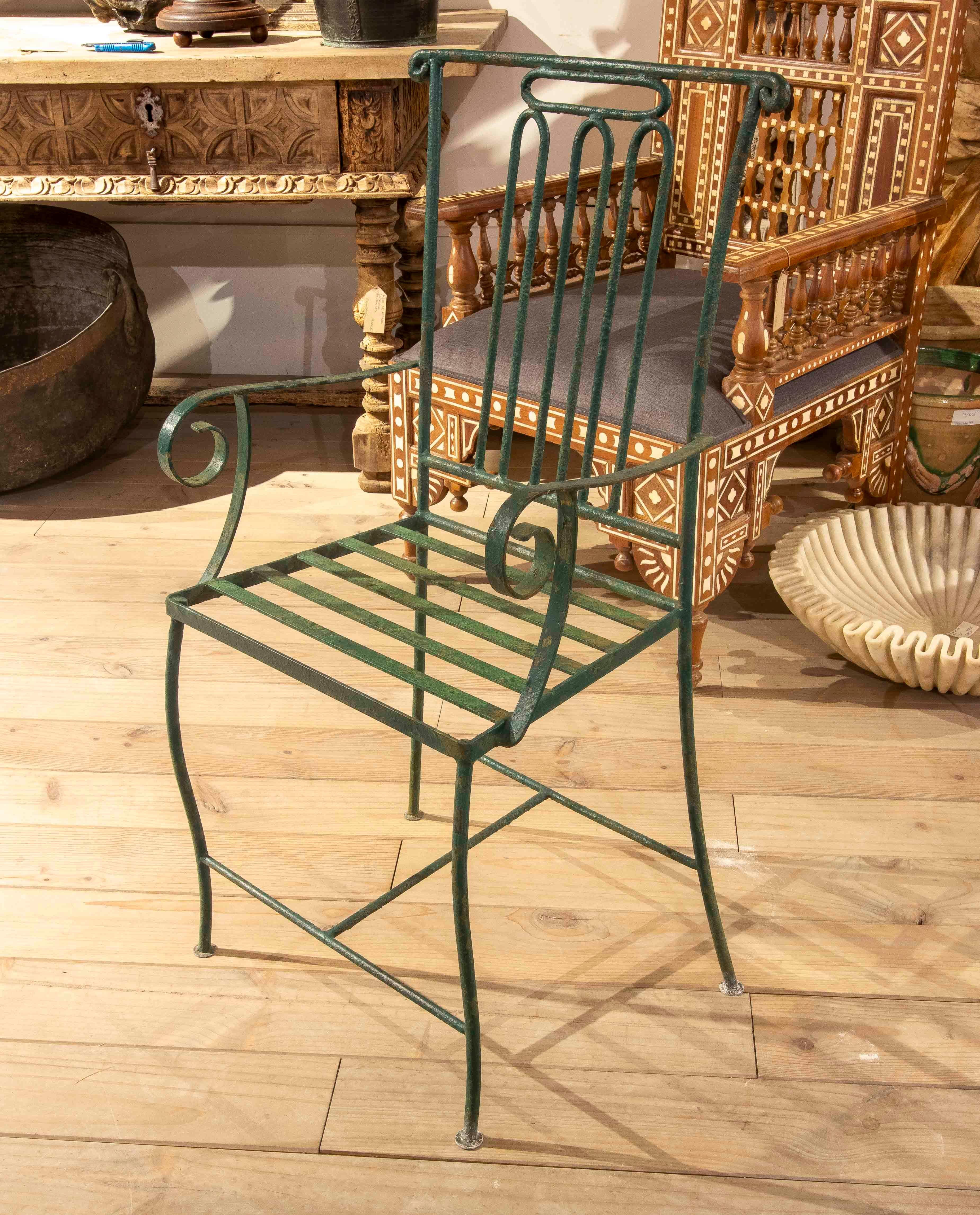 Spanish 1970s Set of Green Wrought Iron Garden Chairs, Mediterranean Style For Sale
