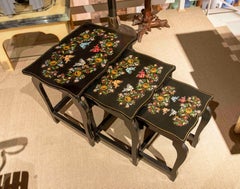 1970s Set of Hand Painted Nesting Tables with Flower Decoration on Lids