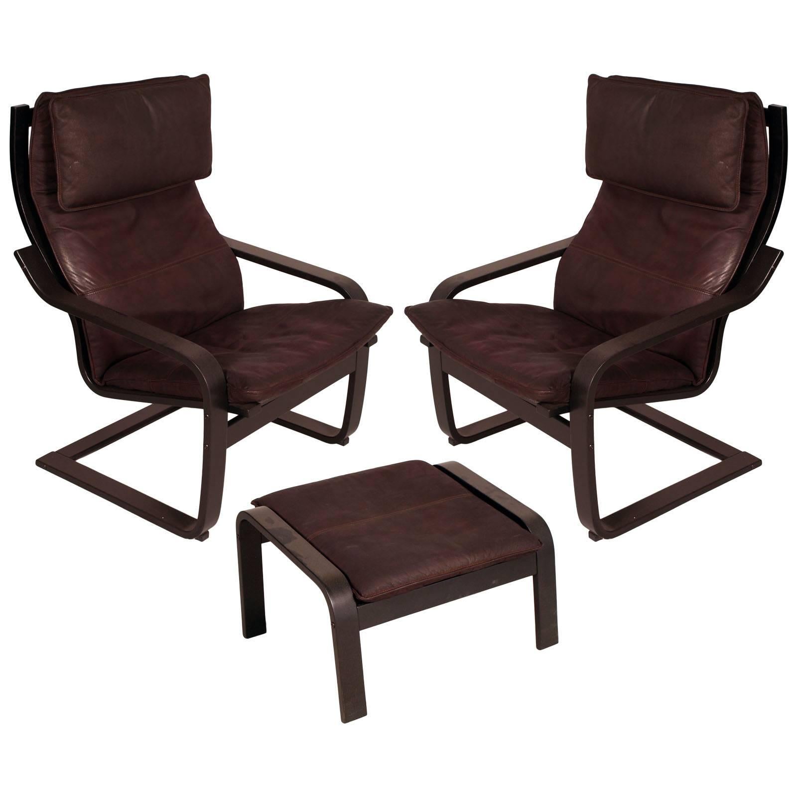 1970s Set of Leather Cantilever Chairs with Footrest "Poäng by Noboru Nakamura