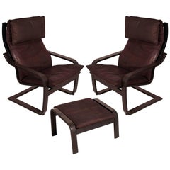 1970s Set of Leather Cantilever Chairs with Footrest "Poäng by Noboru Nakamura
