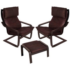  1970s Set of Leather Cantilever Chairs with Footrest "Poäng by Noboru Nakamura 