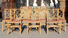 1970s Set of Seven Bamboo Chairs with Red Iron Nob Handles