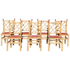 Vintage 1970s Set of Seven Bamboo Chairs with Red Iron Nob Handles