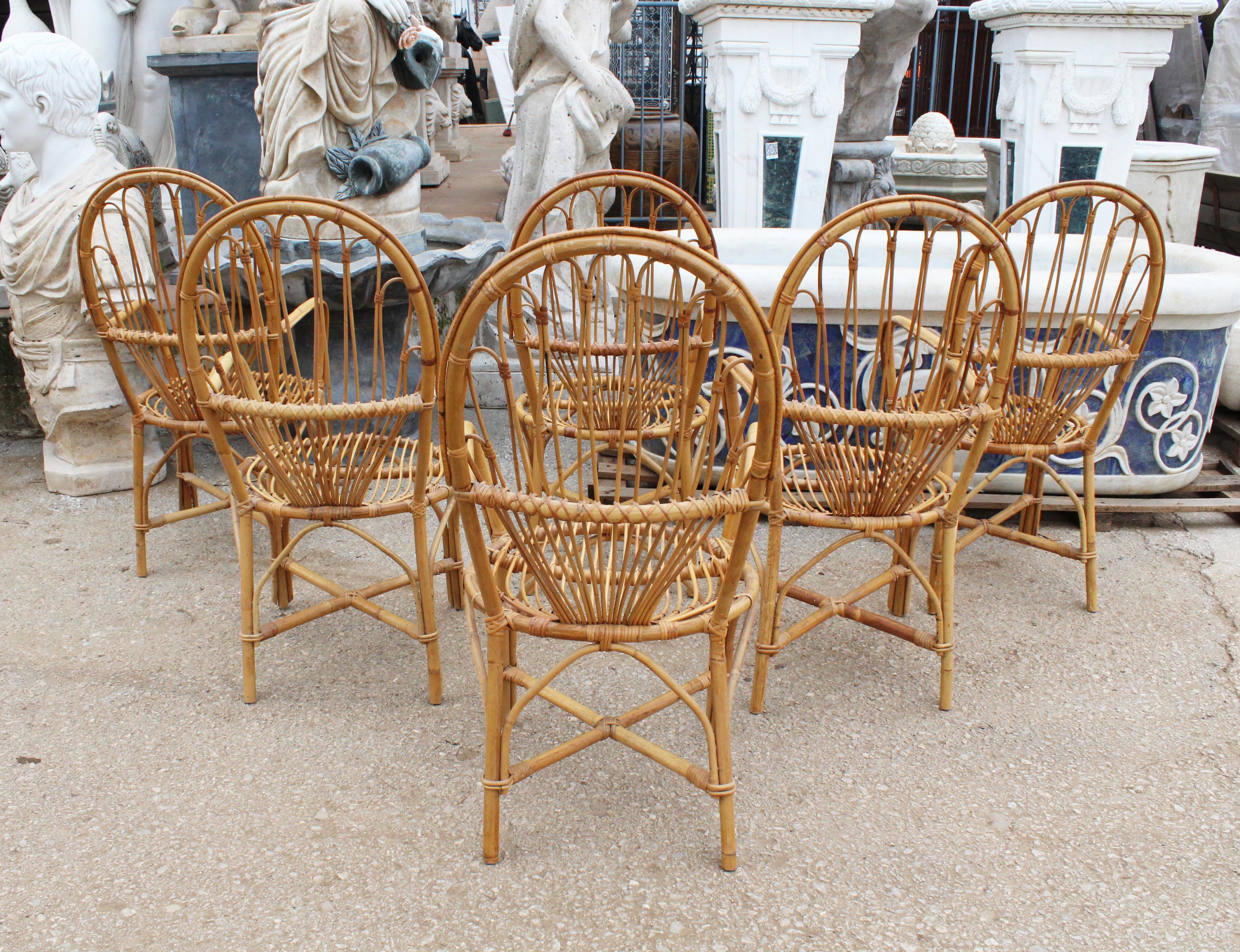 1970s Set of Six French Handcrafted Bamboo and Wicker Chairs 6