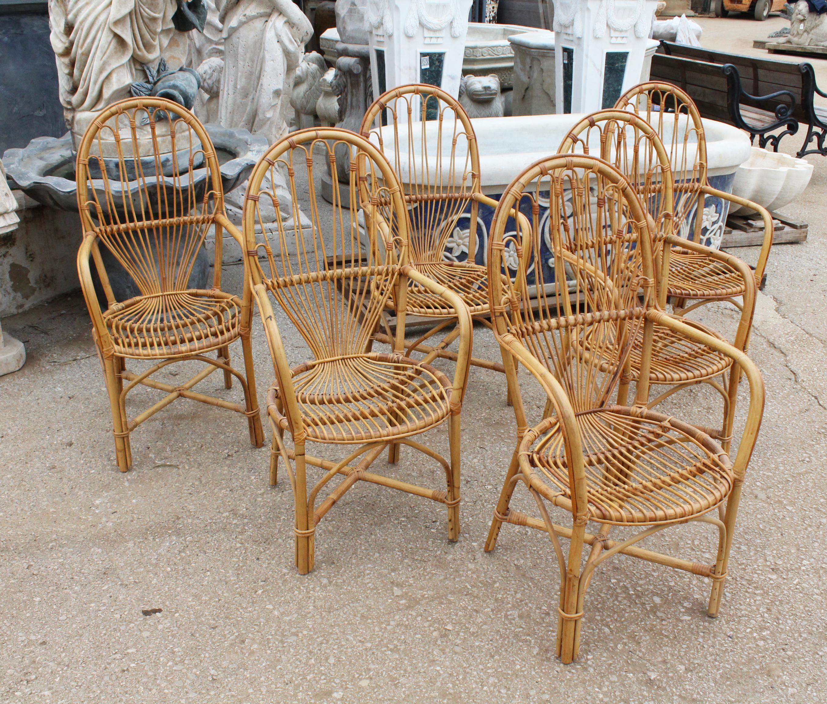 1970s set of six French handcrafted bamboo and wicker chairs.