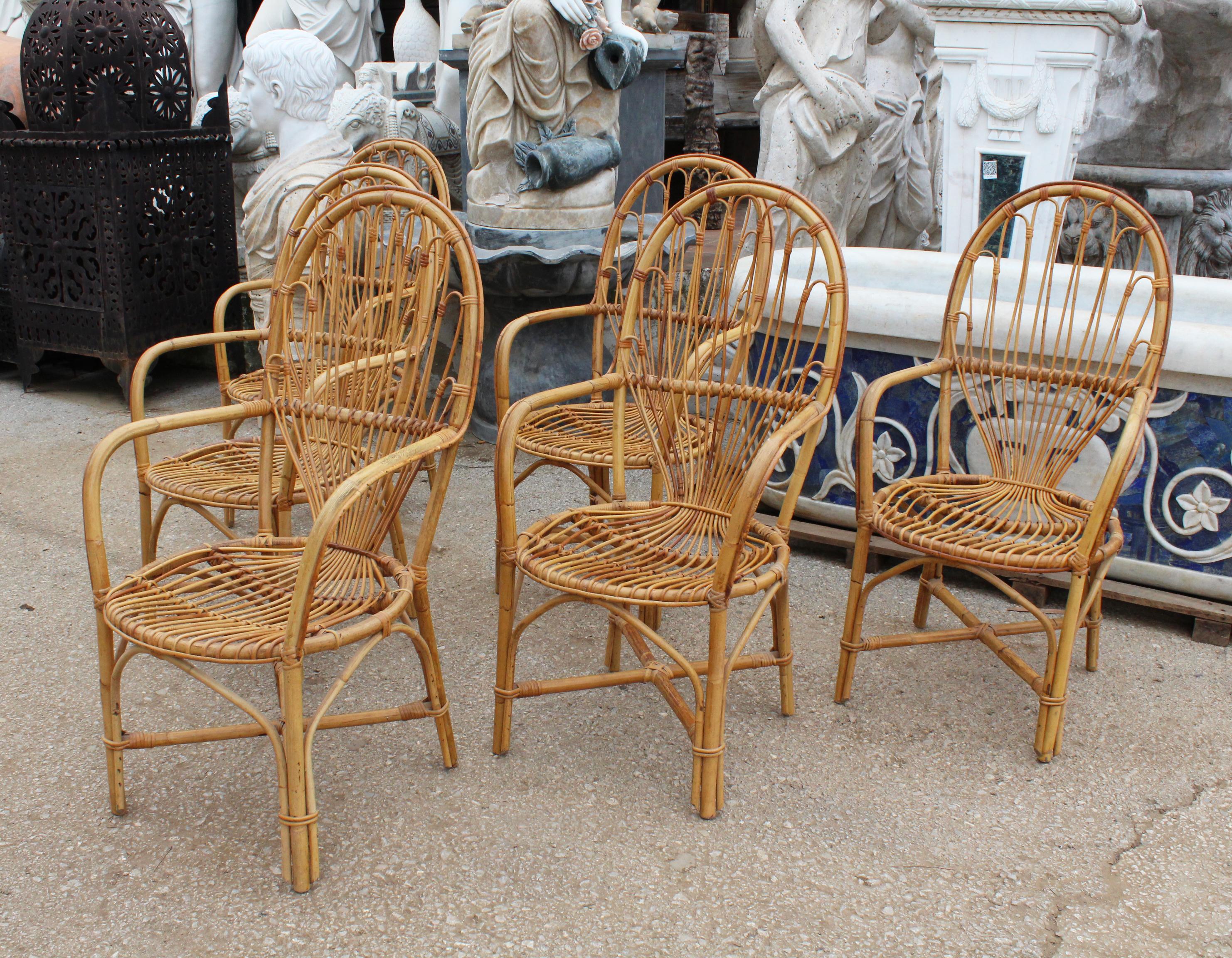 1970s Set of Six French Handcrafted Bamboo and Wicker Chairs In Good Condition In Marbella, ES