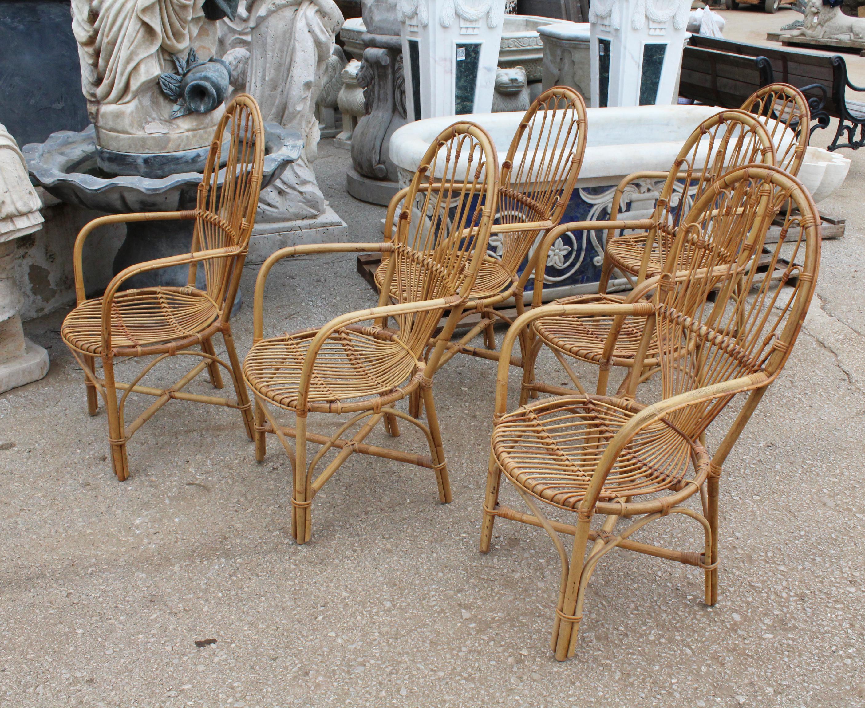 Late 20th Century 1970s Set of Six French Handcrafted Bamboo and Wicker Chairs