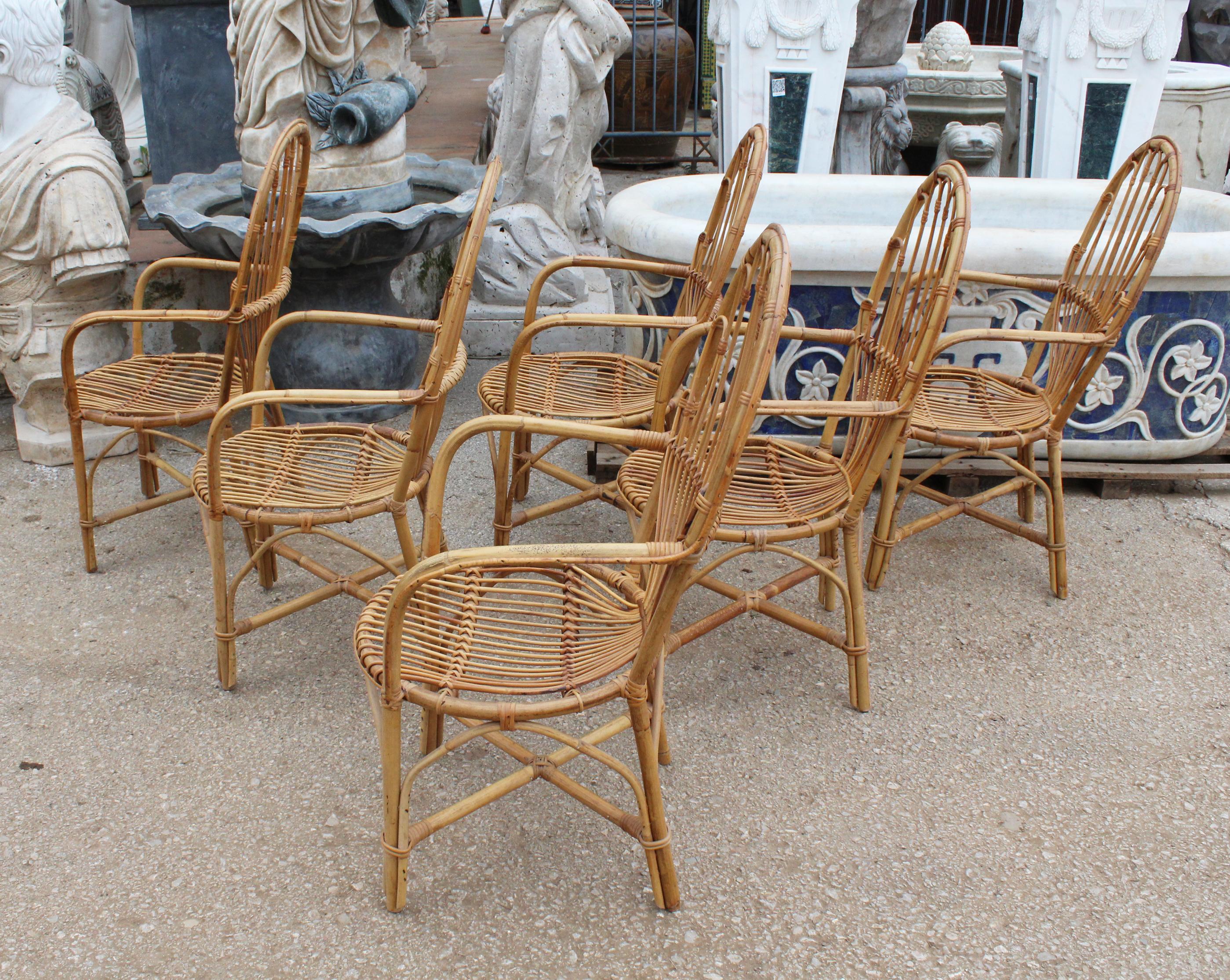 1970s Set of Six French Handcrafted Bamboo and Wicker Chairs 1