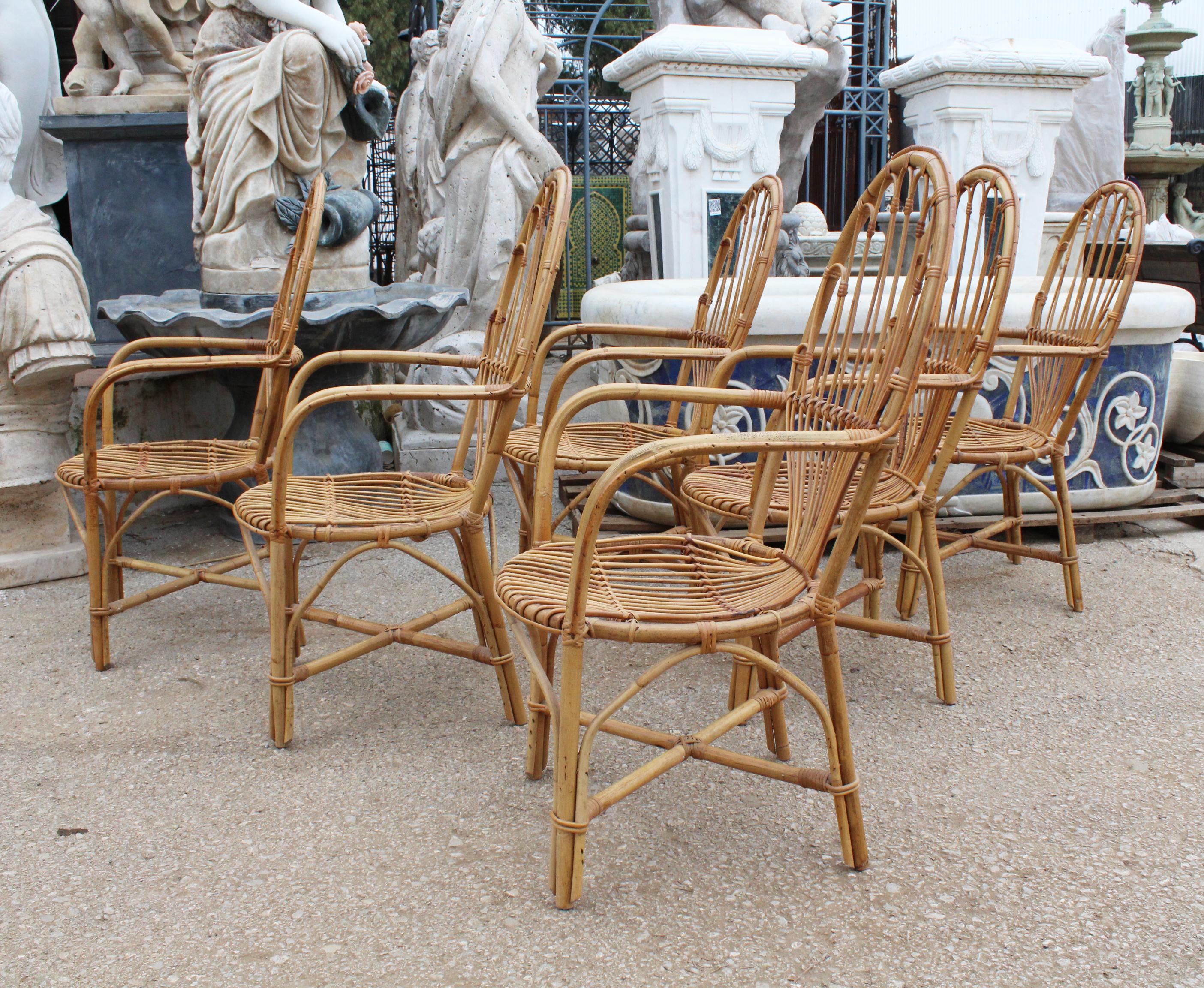 1970s Set of Six French Handcrafted Bamboo and Wicker Chairs 2