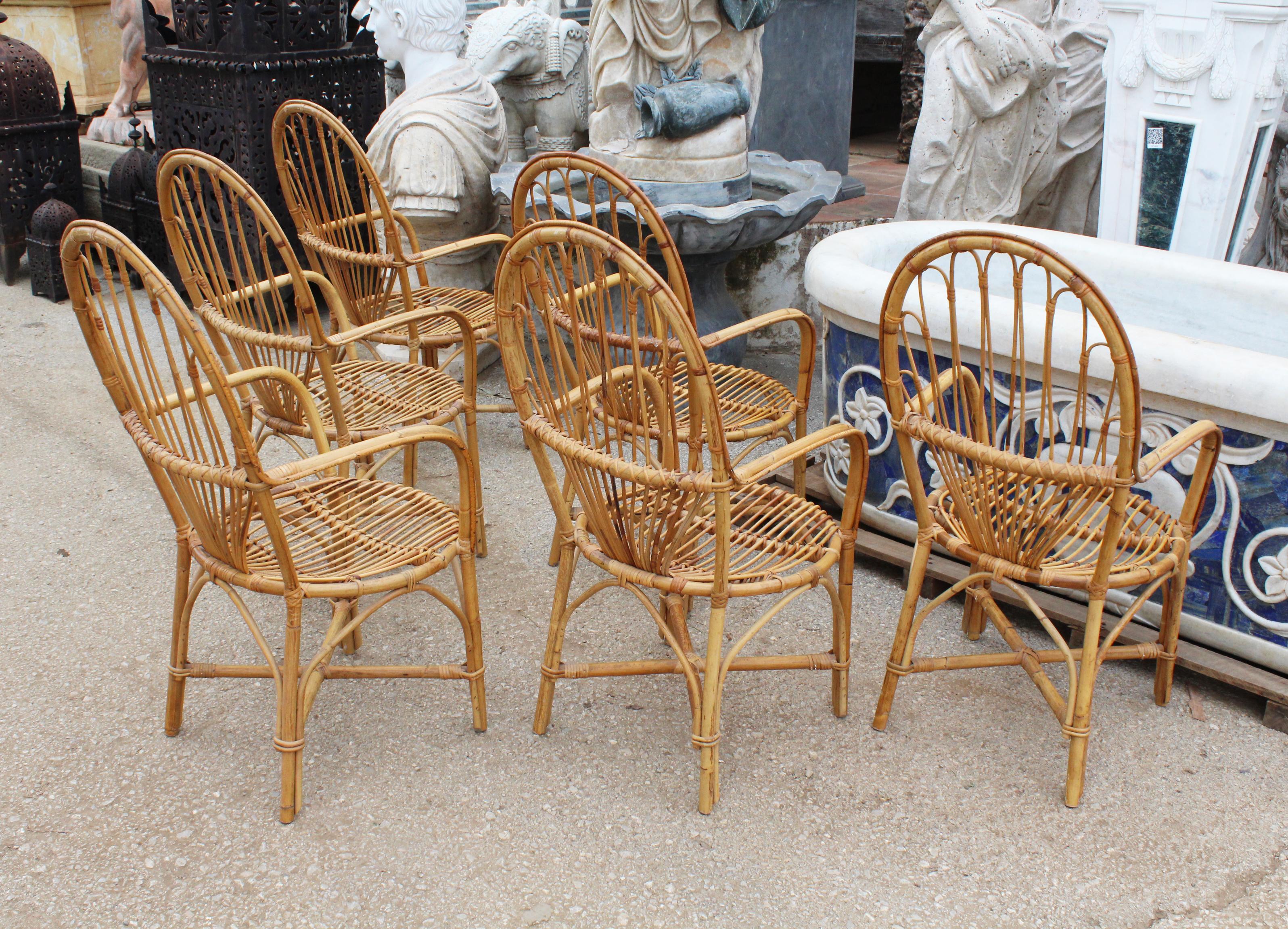 1970s Set of Six French Handcrafted Bamboo and Wicker Chairs 3