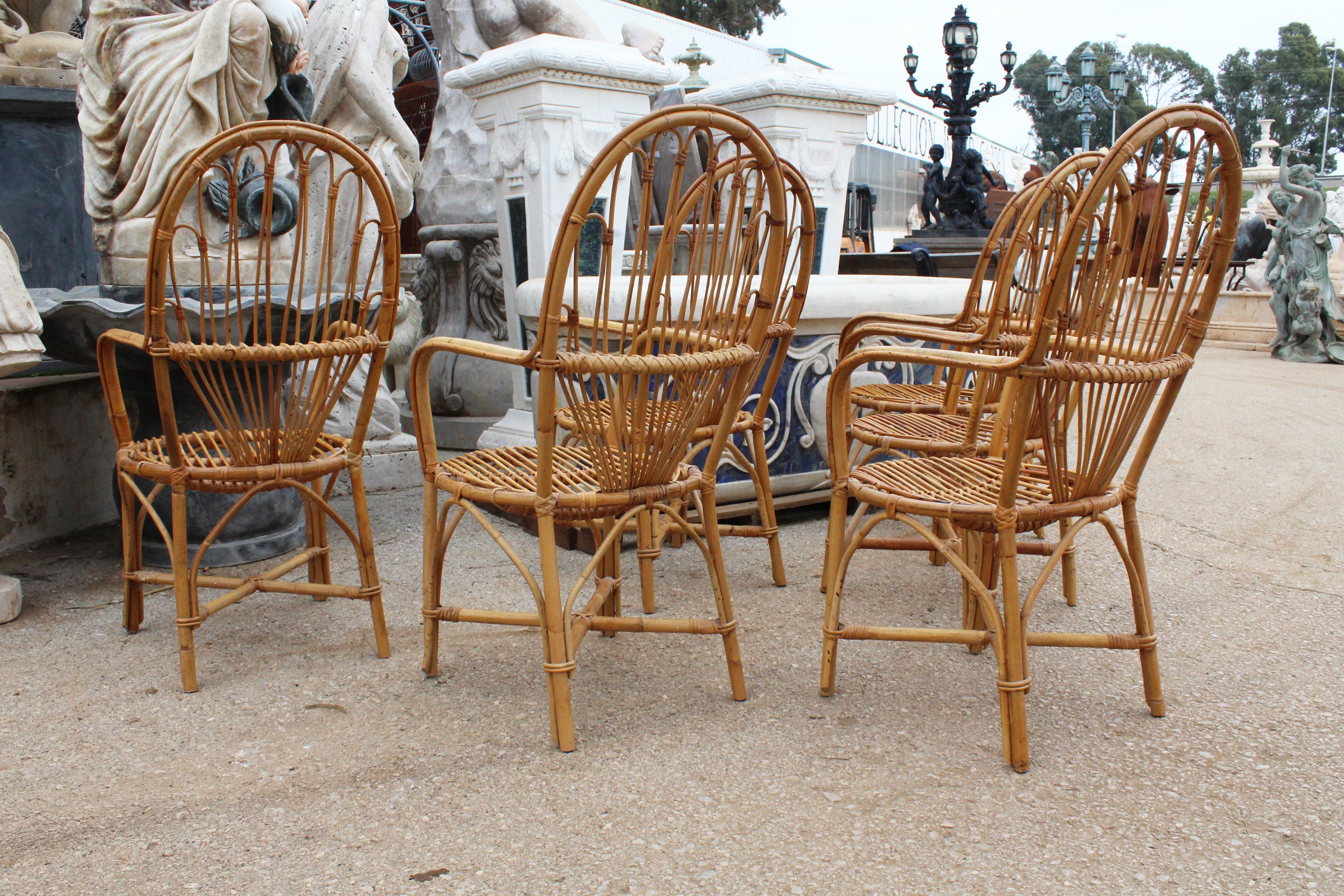 1970s Set of Six French Handcrafted Bamboo and Wicker Chairs 4