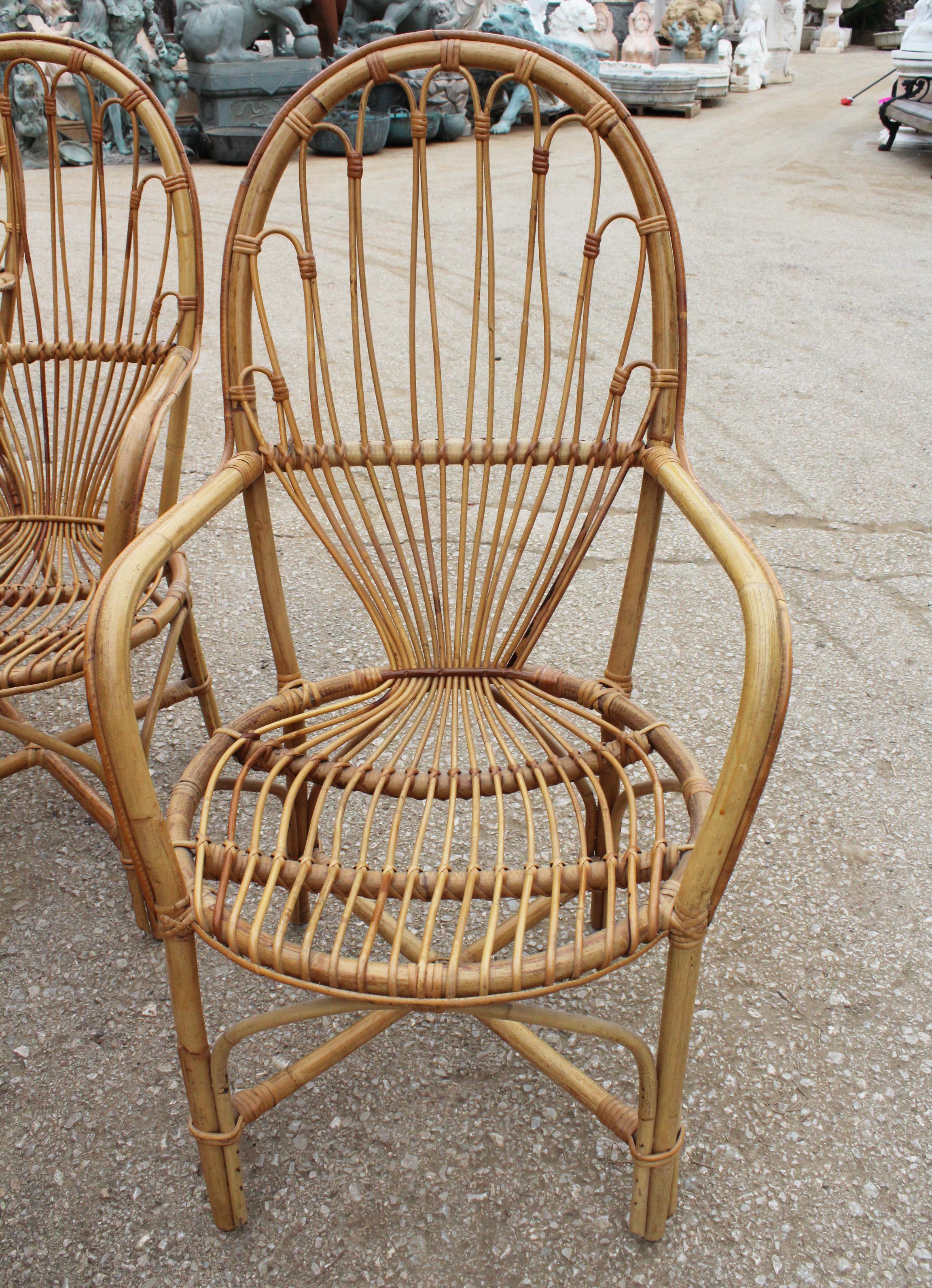 1970s Set of Six French Handcrafted Bamboo and Wicker Chairs 5