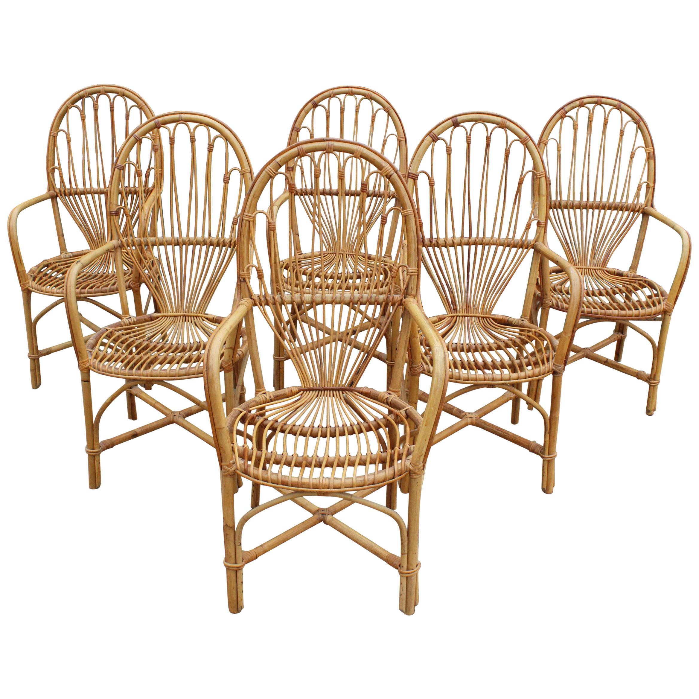 1970s Set of Six French Handcrafted Bamboo and Wicker Chairs