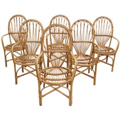 1970s Set of Six French Handcrafted Bamboo and Wicker Chairs