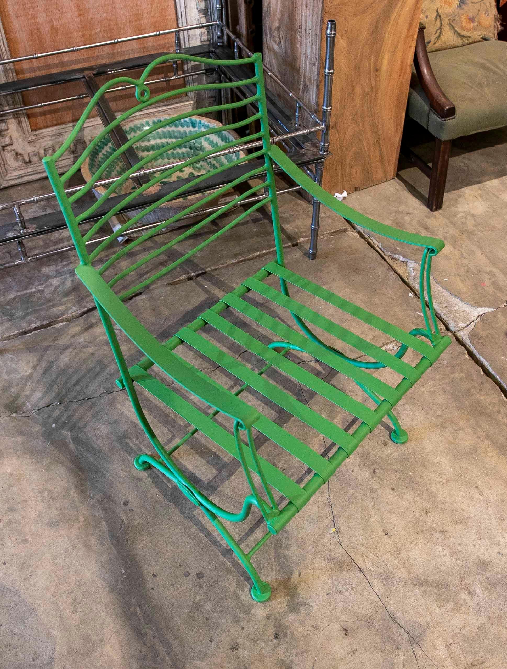 1970s Set of Six Green Painted Iron Chairs with Armrests 7