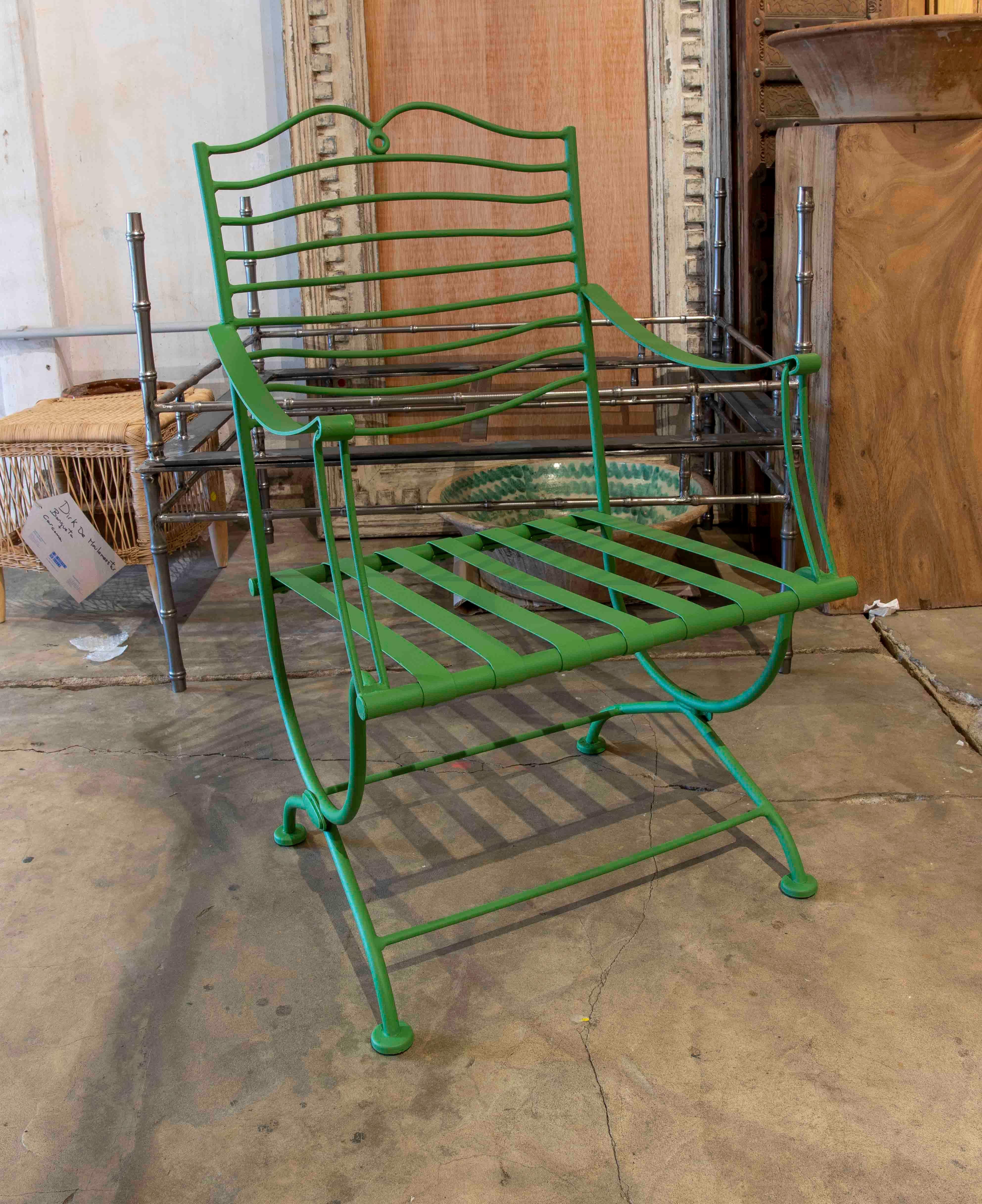 1970s Set of Six Green Painted Iron Chairs with Armrests.