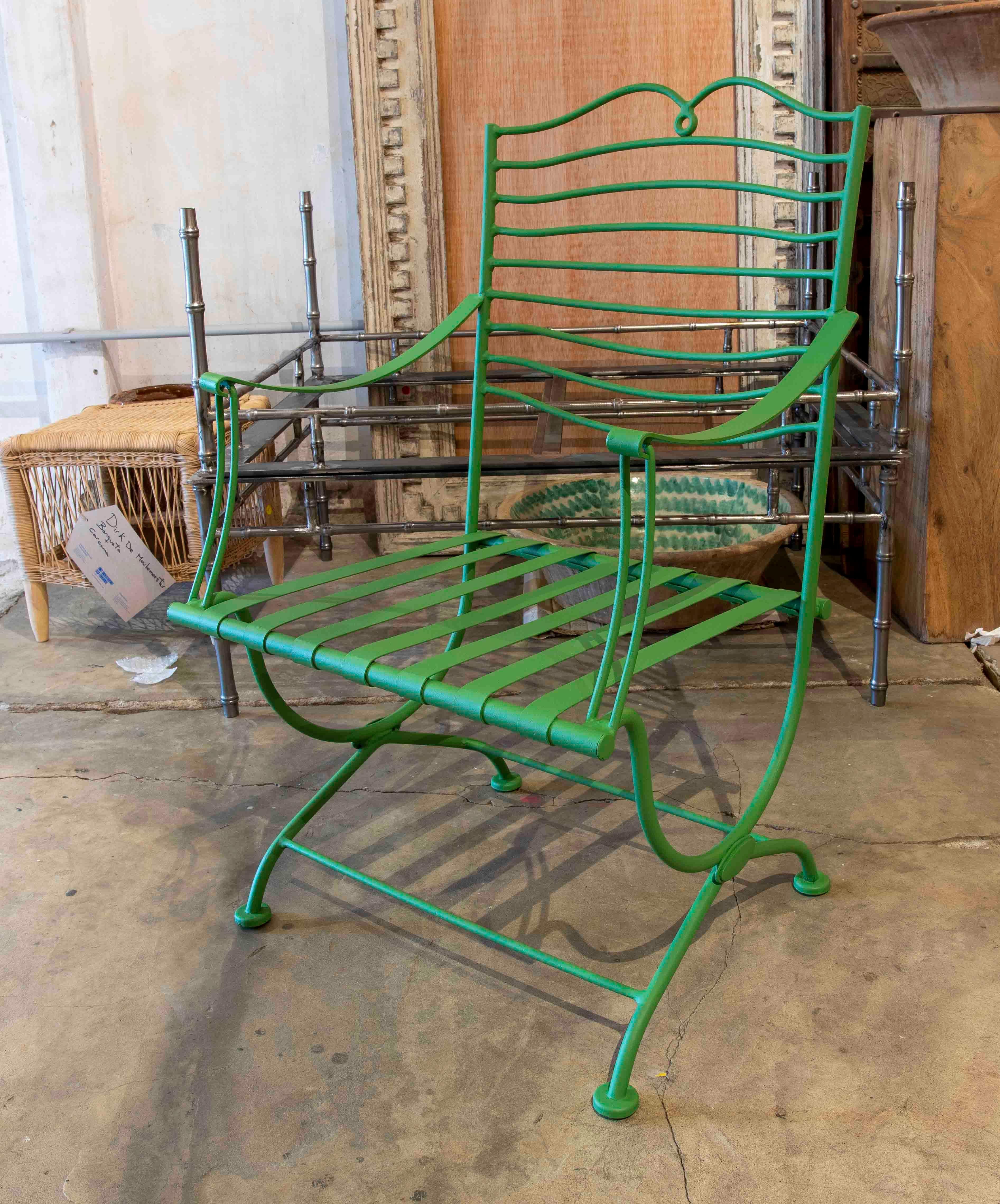 Spanish 1970s Set of Six Green Painted Iron Chairs with Armrests
