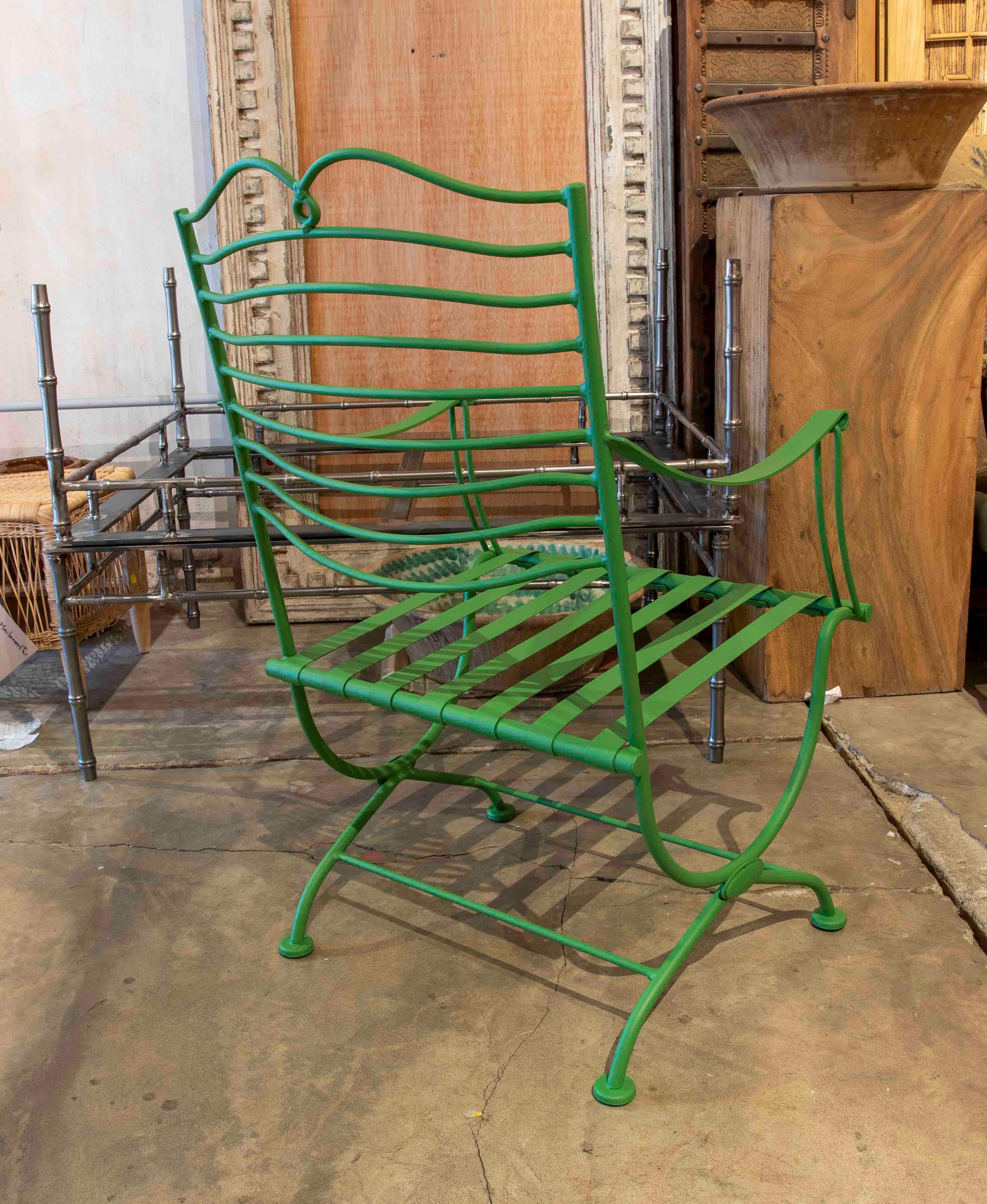 20th Century 1970s Set of Six Green Painted Iron Chairs with Armrests
