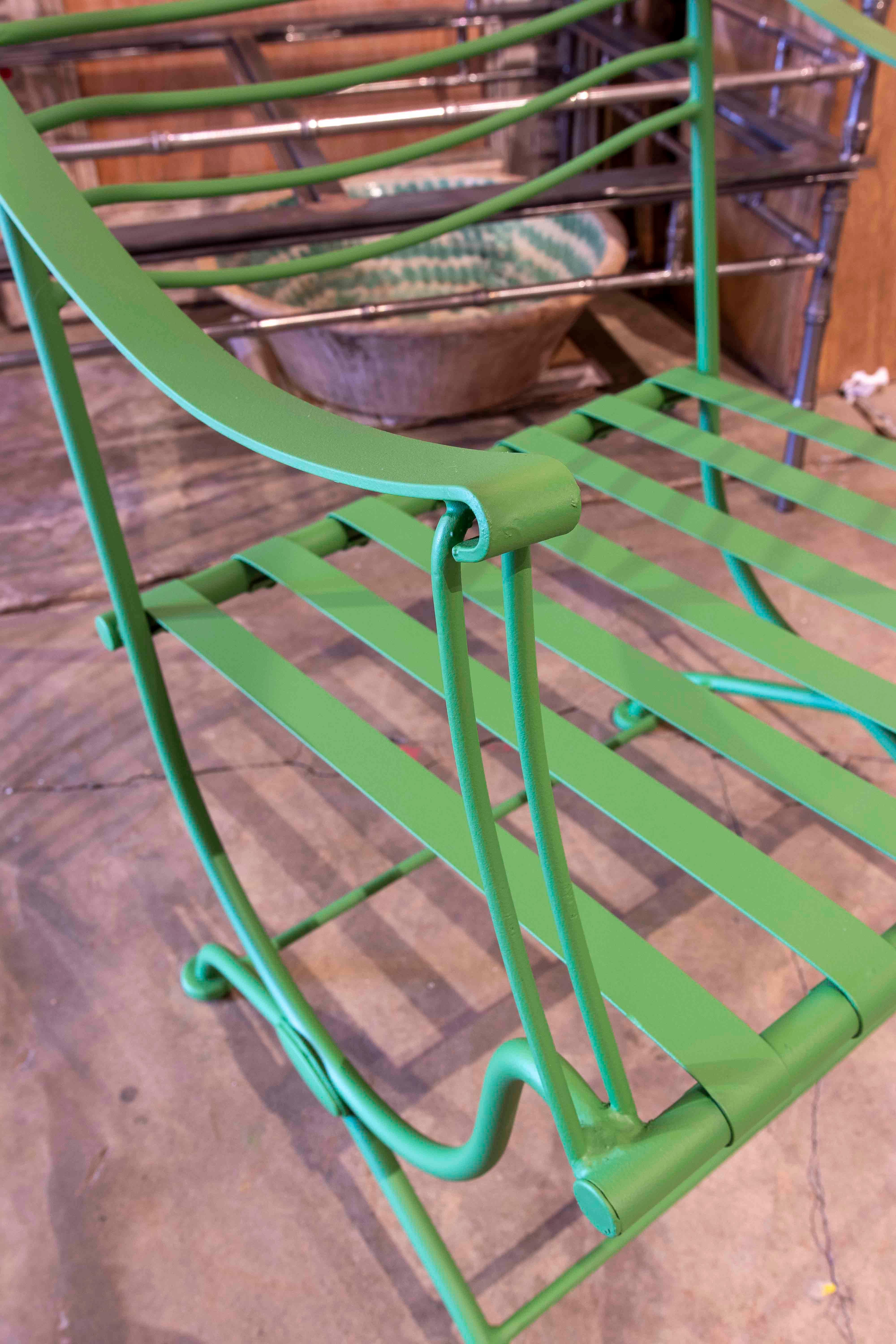 1970s Set of Six Green Painted Iron Chairs with Armrests 4