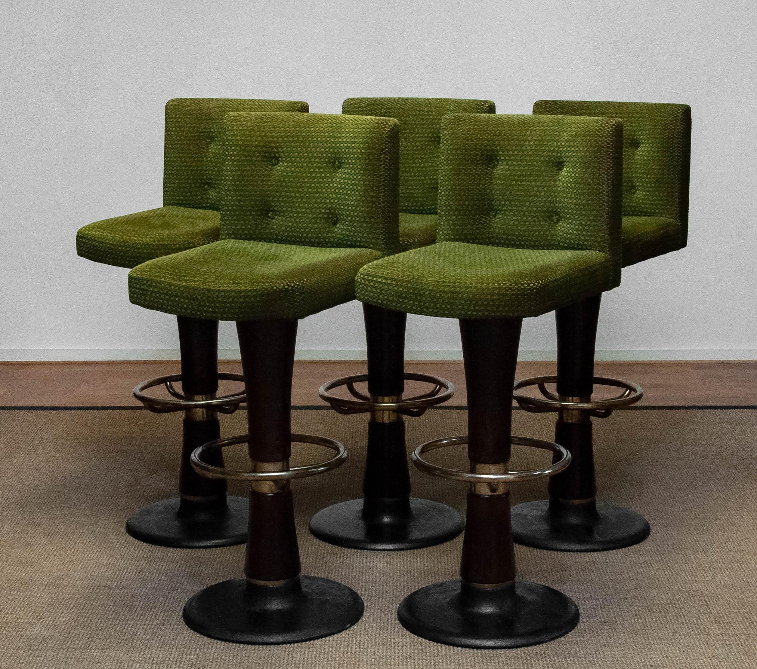 Mid-Century Modern 1970s Set of Six High Quality Heavy Brass and Wooden German Bar / Yacht Stools 