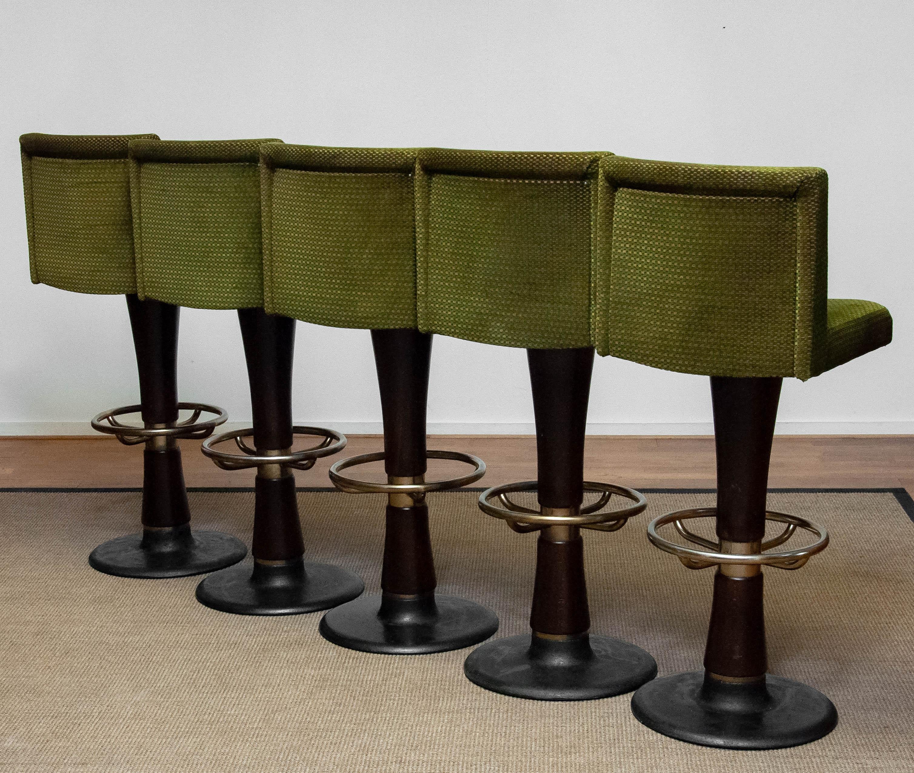 Late 20th Century 1970s Set of Six High Quality Heavy Brass and Wooden German Bar / Yacht Stools 