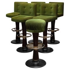 1970s Set of Six High Quality Heavy Brass and Wooden German Bar / Yacht Stools