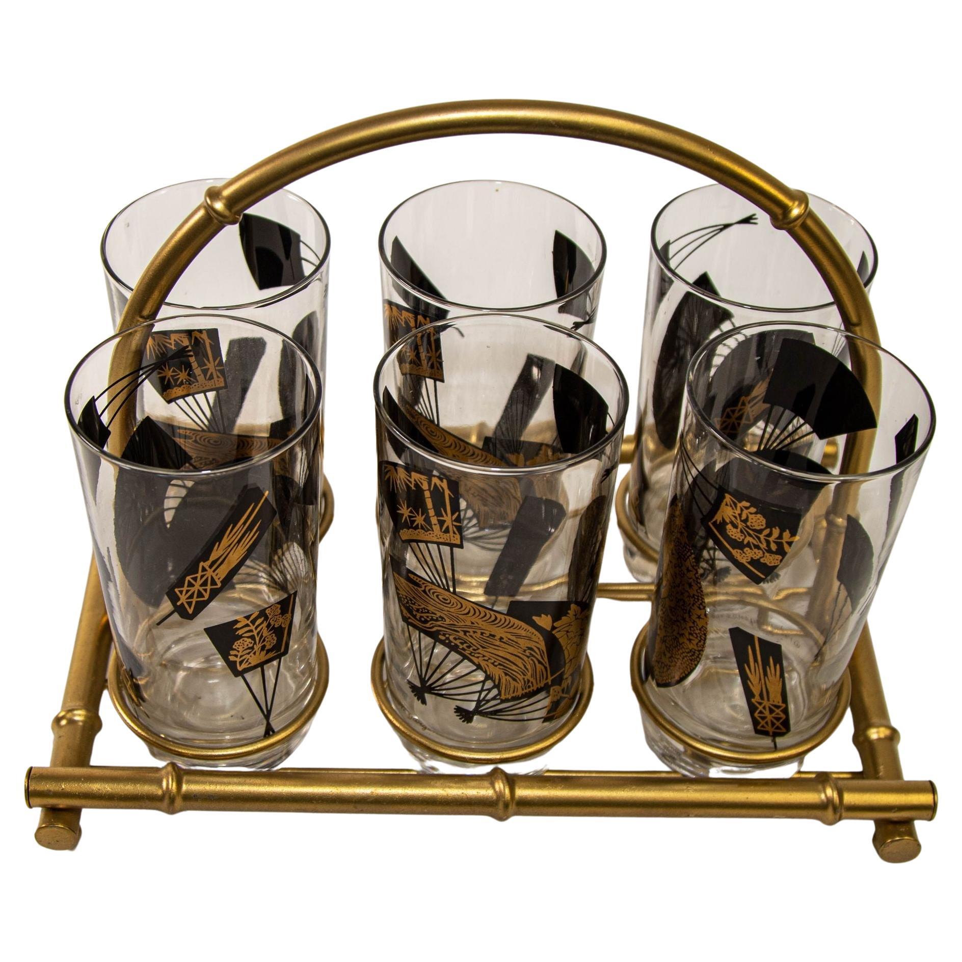 1970s Set of Six Highball Glasses Black and Gold by Jules Jurgensen's in Cart For Sale