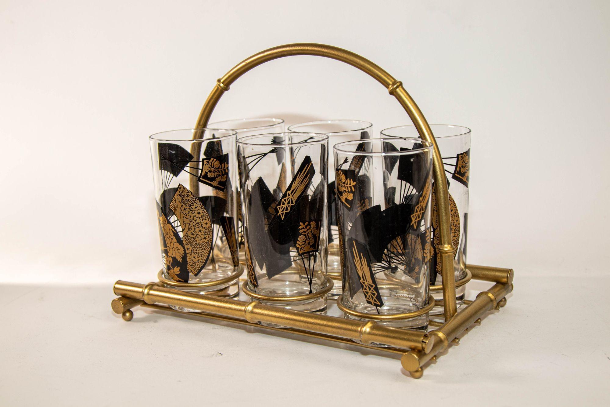 Post-Modern 1970s Set of Six Highball Glasses Black and Gold by Jules Jurgensen's in Cart For Sale