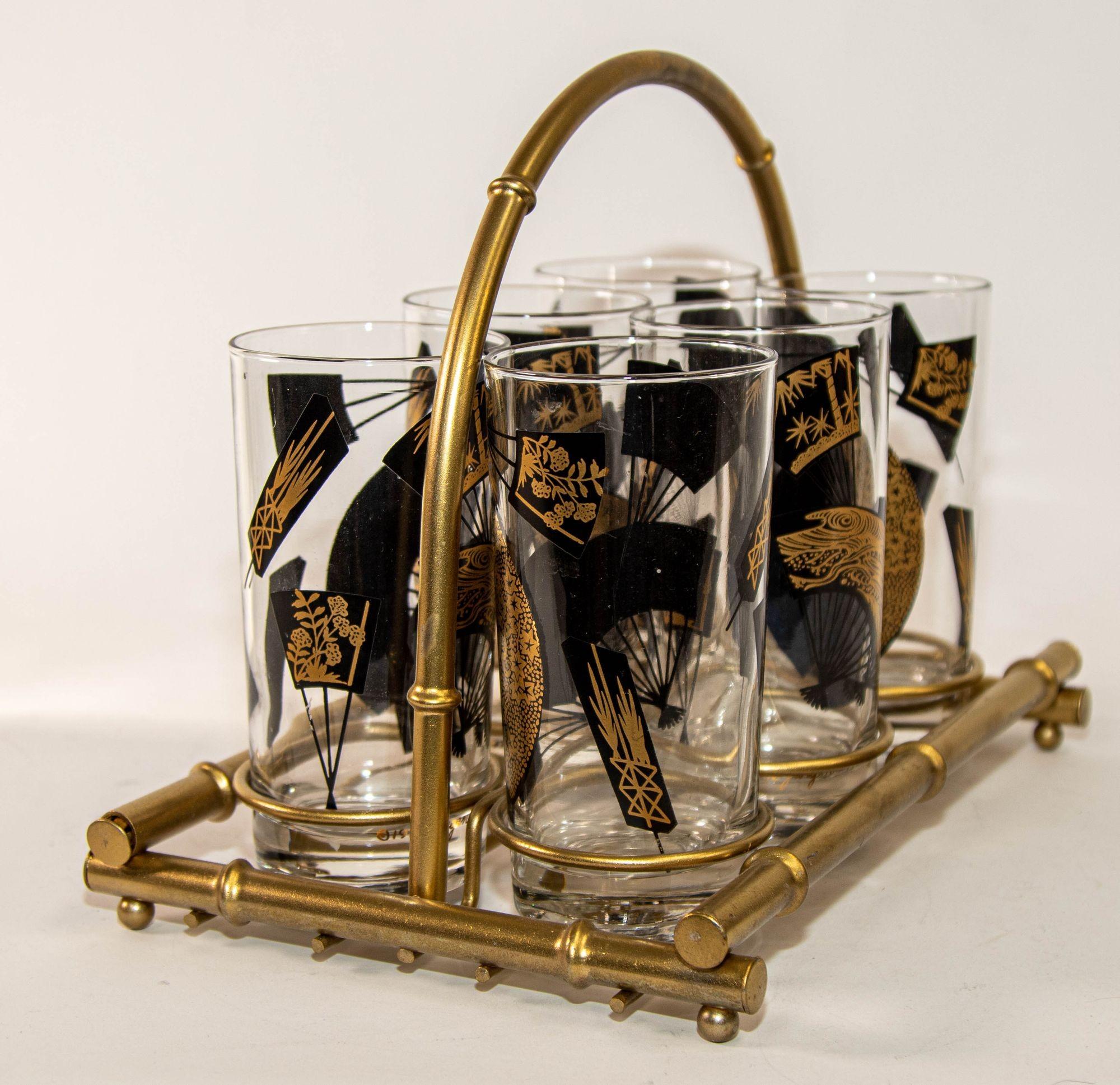 Danois Ensemble de six verres longs noirs et or « Jules Jurgensen's in Cart » des années 1970 en vente