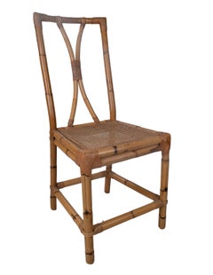 1970s Set of Six Spanish Bamboo and Wicker Chairs