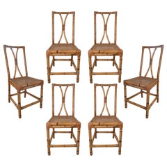 1970s Set of Six Spanish Bamboo and Wicker Chairs