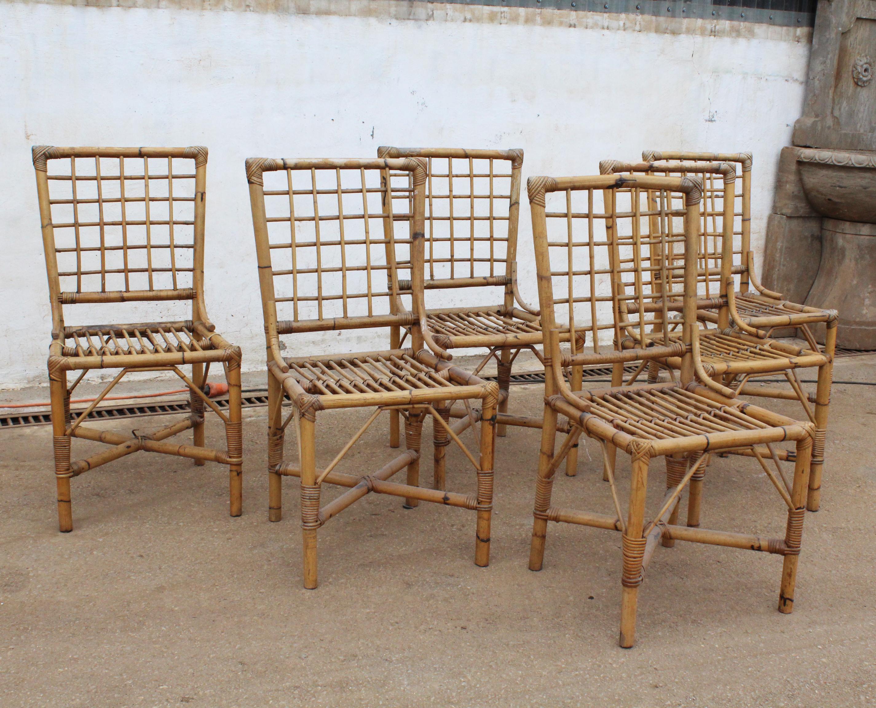 1970s set of six Spanish bamboo chairs.