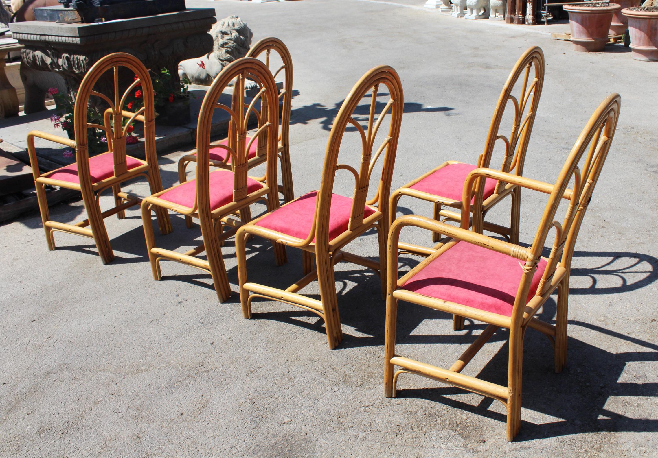 1970s Set of Six Spanish Bamboo Dining Chairs For Sale 1