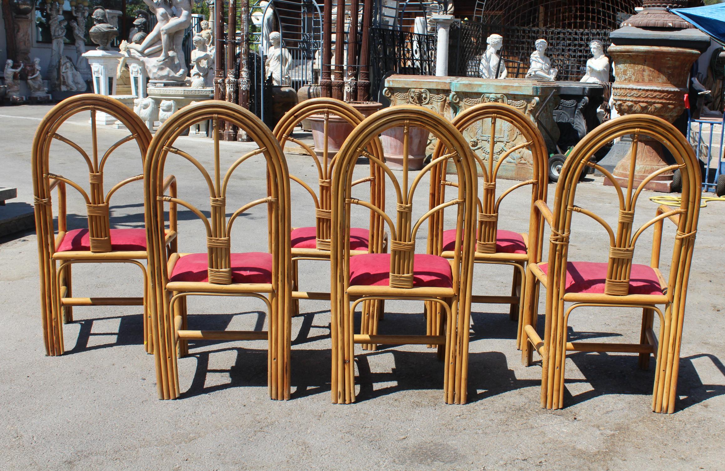 1970s Set of Six Spanish Bamboo Dining Chairs For Sale 2