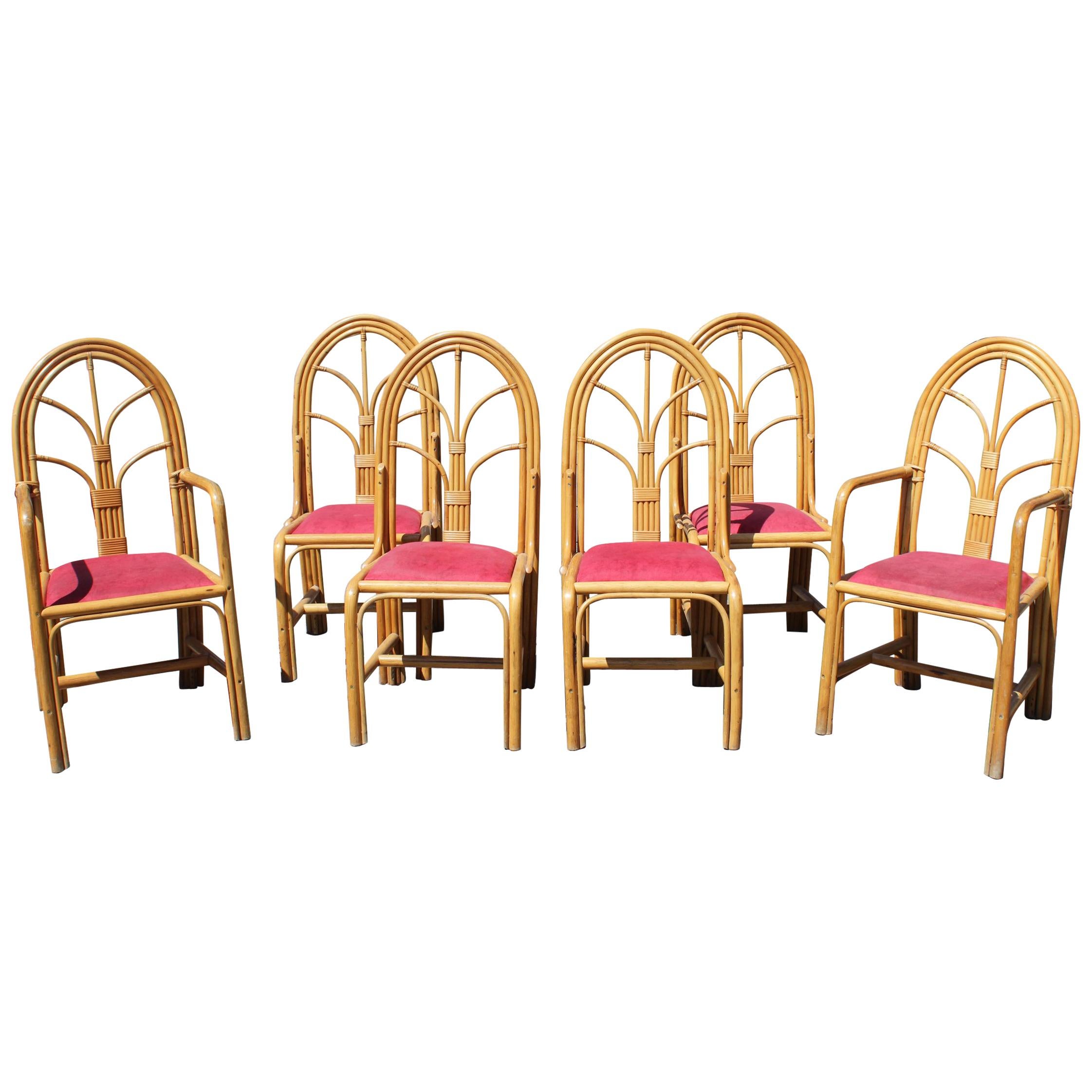 Set aus sechs spanischen Bambus-Esszimmerstühlen aus den 1970er Jahren