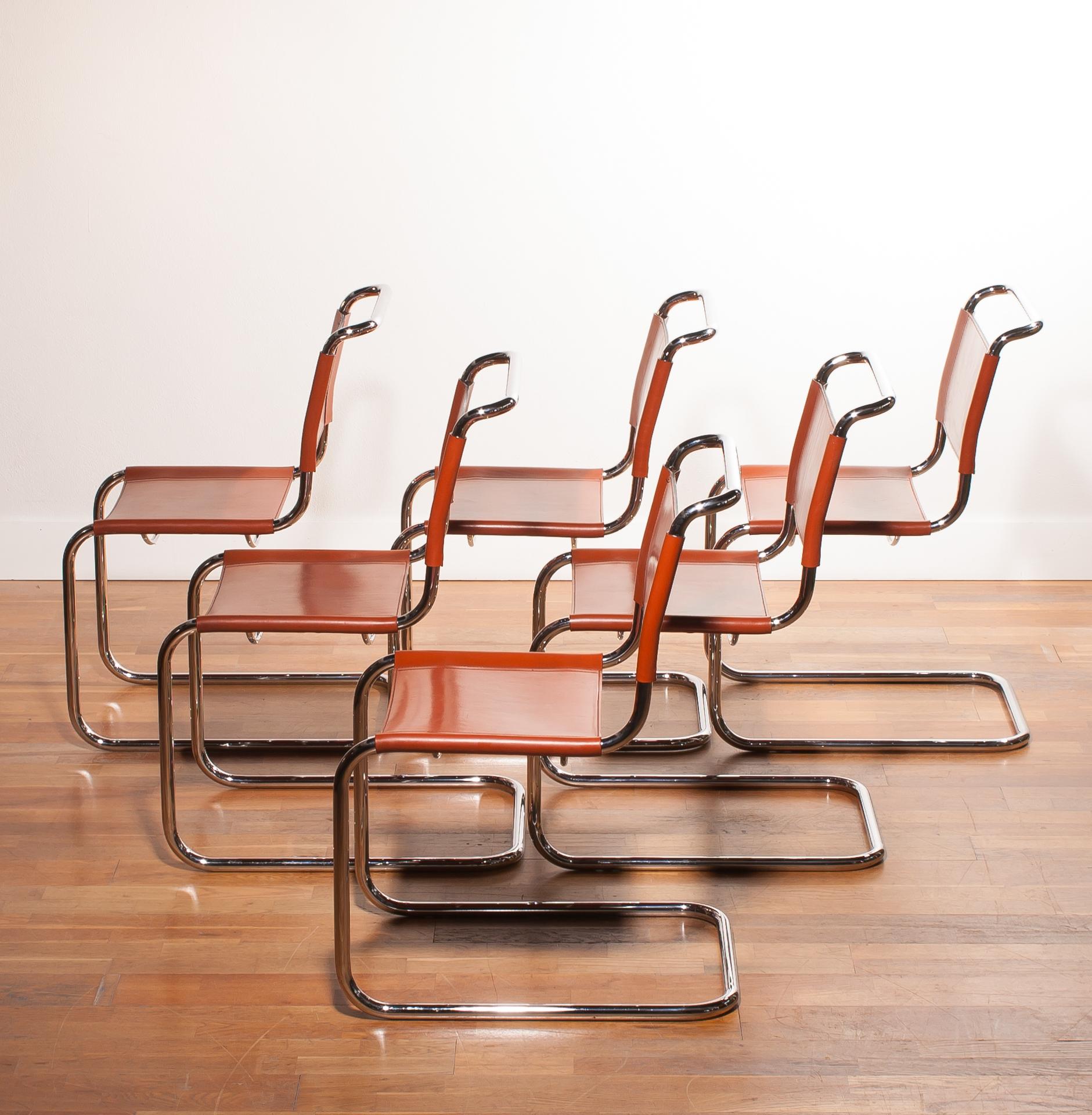 Italian 1970s, Set of Six Tubular Dining Chairs by Mart Stam for Fasem in Cognac Leather