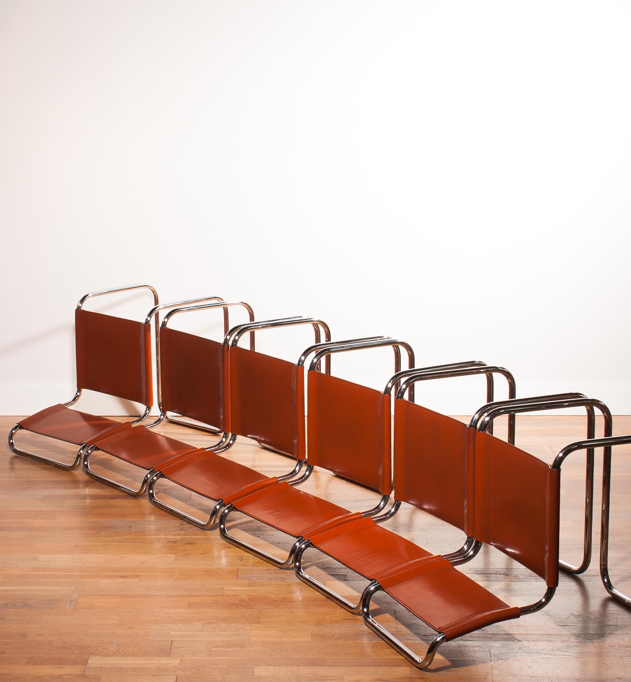 1970s, Set of Six Tubular Dining Chairs by Mart Stam for Fasem in Cognac Leather 1