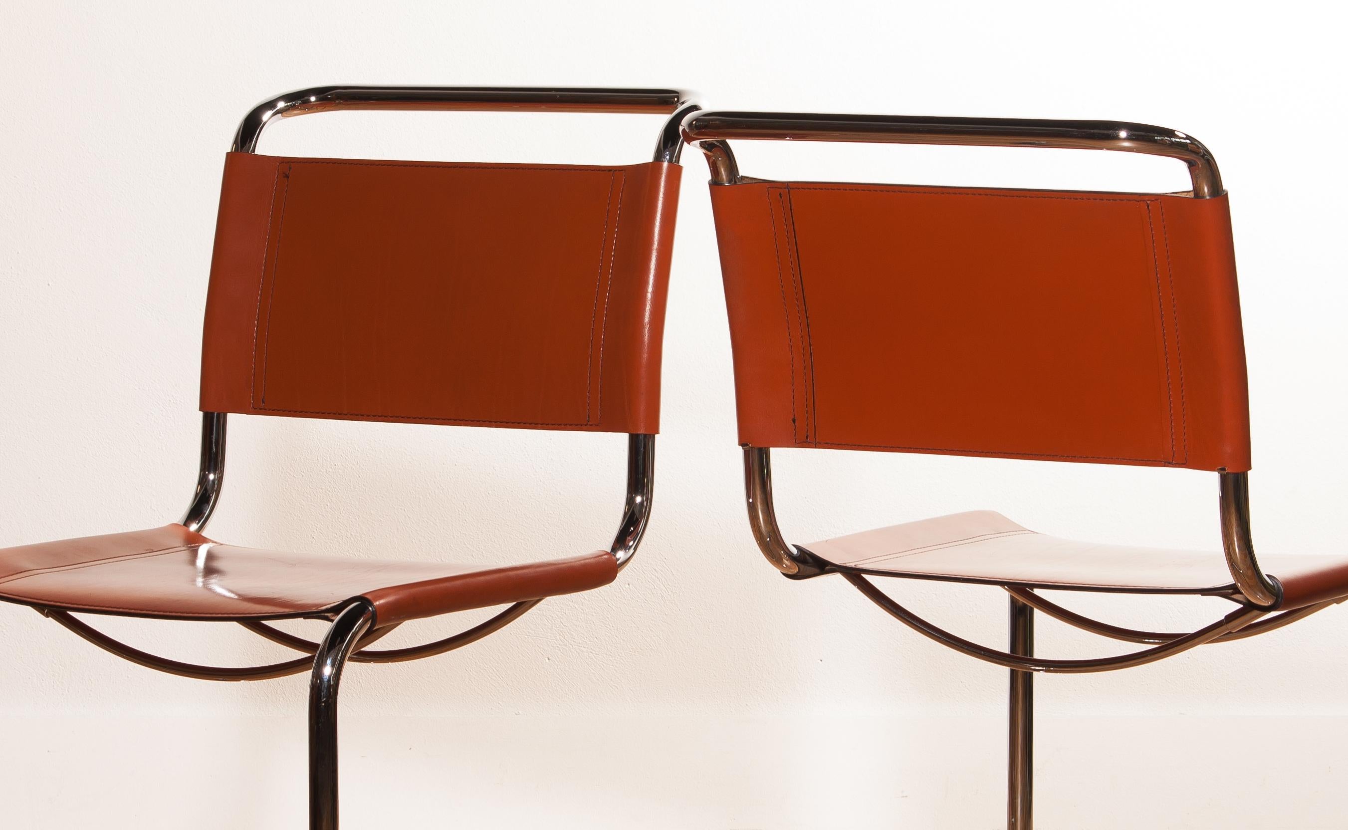 1970s, Set of Six Tubular Dining Chairs by Mart Stam for Fasem in Cognac Leather 2