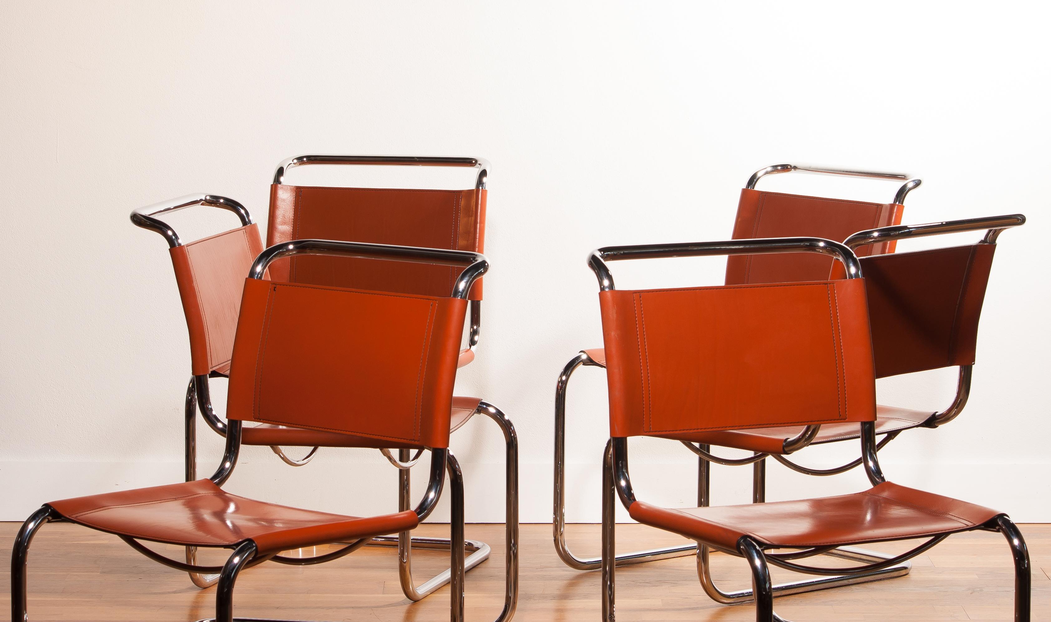 1970s, Set of Six Tubular Dining Chairs by Mart Stam for Fasem in Cognac Leather 3