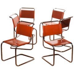 1970s, Set of Six Tubular Dining Chairs by Mart Stam for Fasem in Cognac Leather