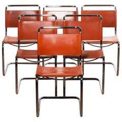 1970s, Set of Six Tubular Dining Chairs by Mart Stam for Fasem in Cognac Leather