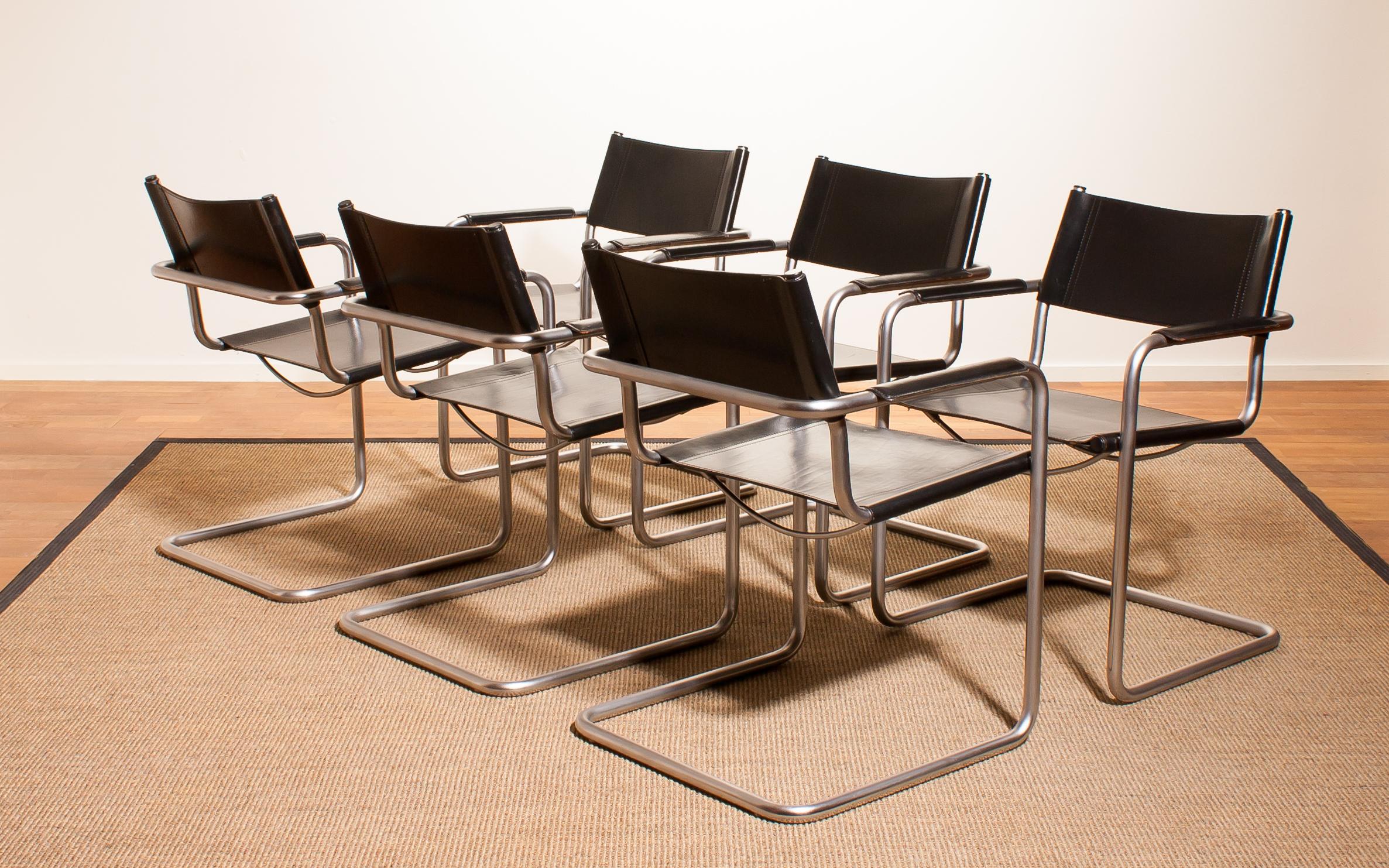 Mid-Century Modern 1970s, Set of Six Tubular Steel and Black Leather Dining Chairs by Matteo Grassi