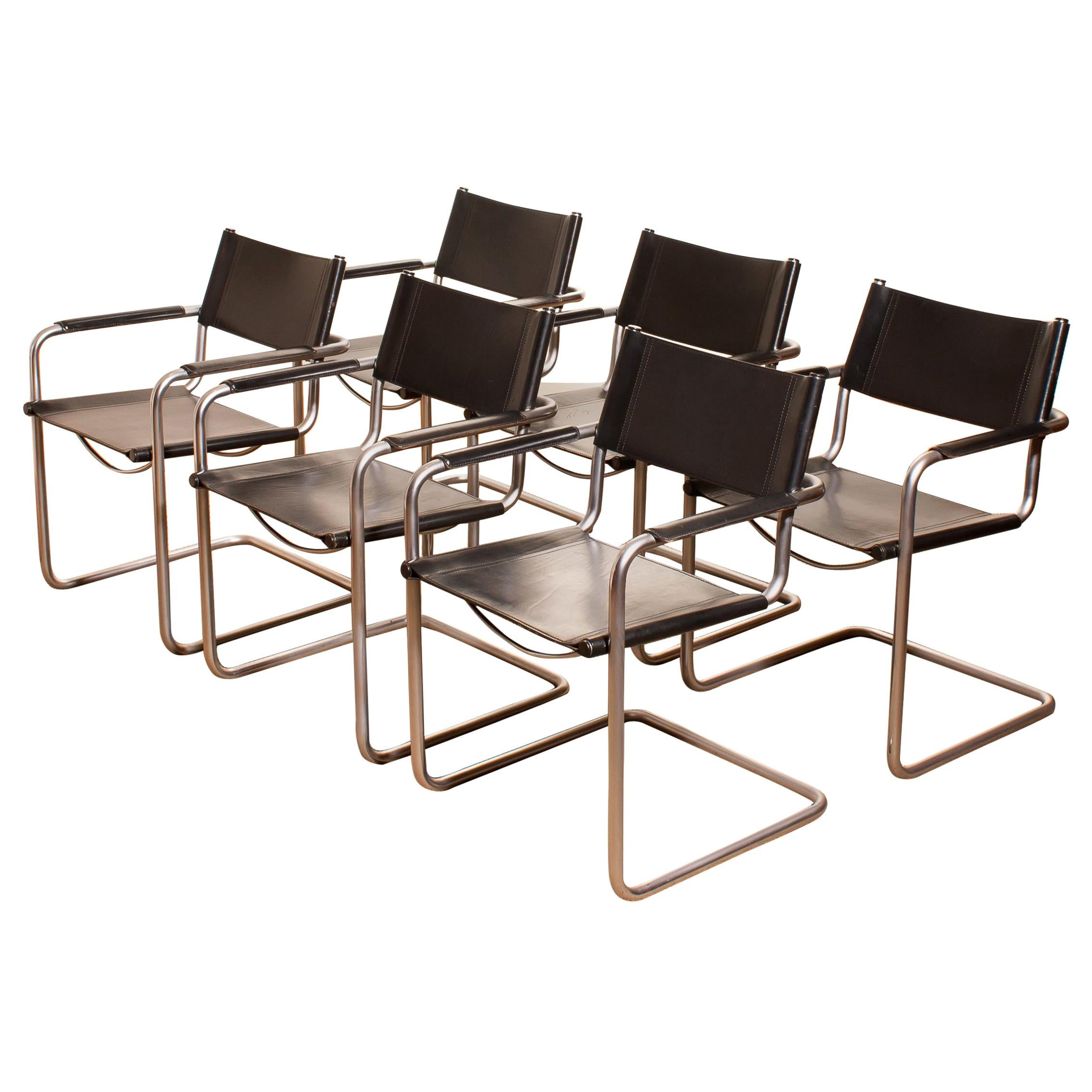 Italian 1970s, Set of Six Tubular Steel and Black Leather Dining Chairs by Matteo Grassi